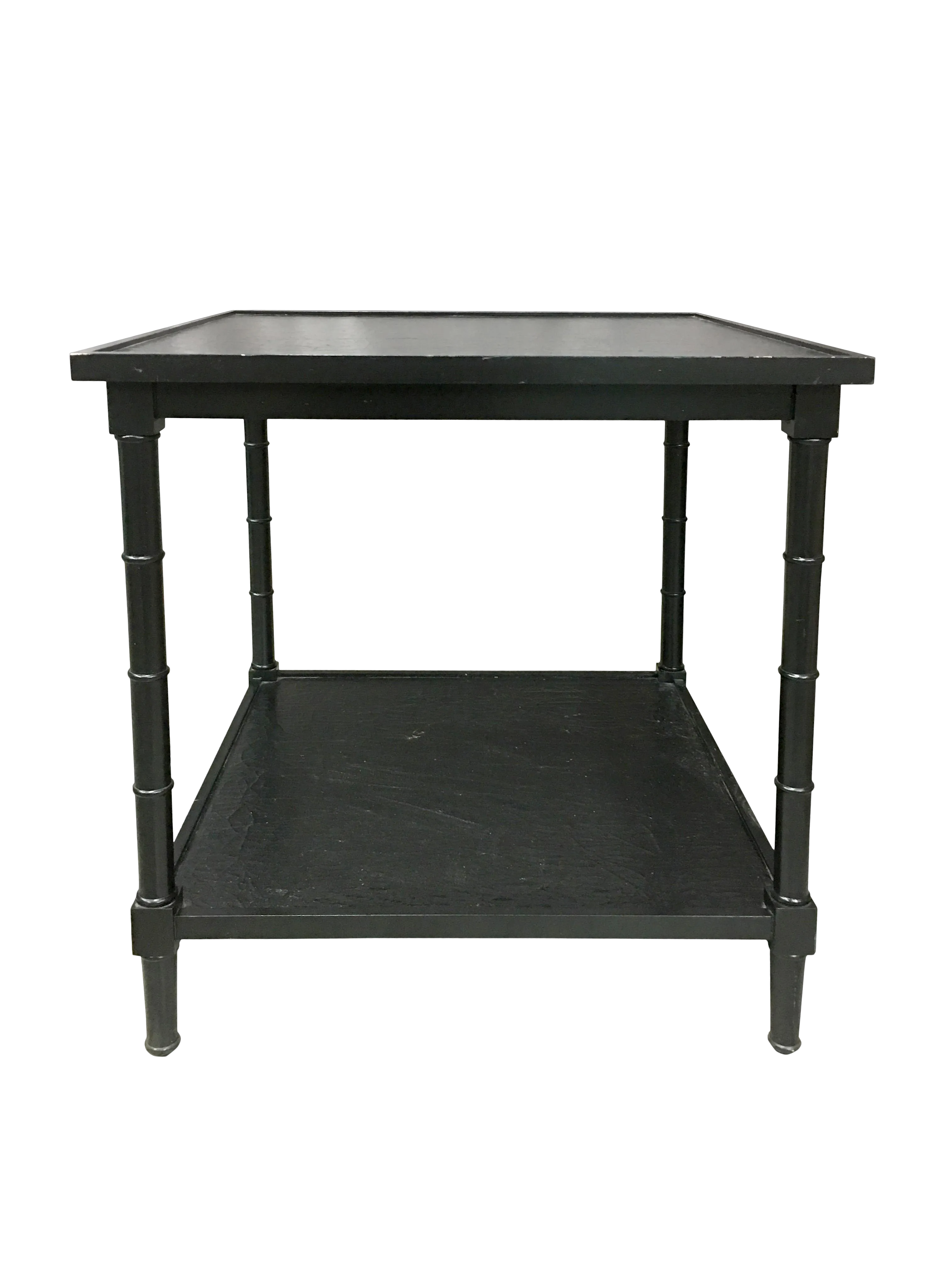 20th Century English Traditional Black Faux Bamboo Legged Side Table With Shelf