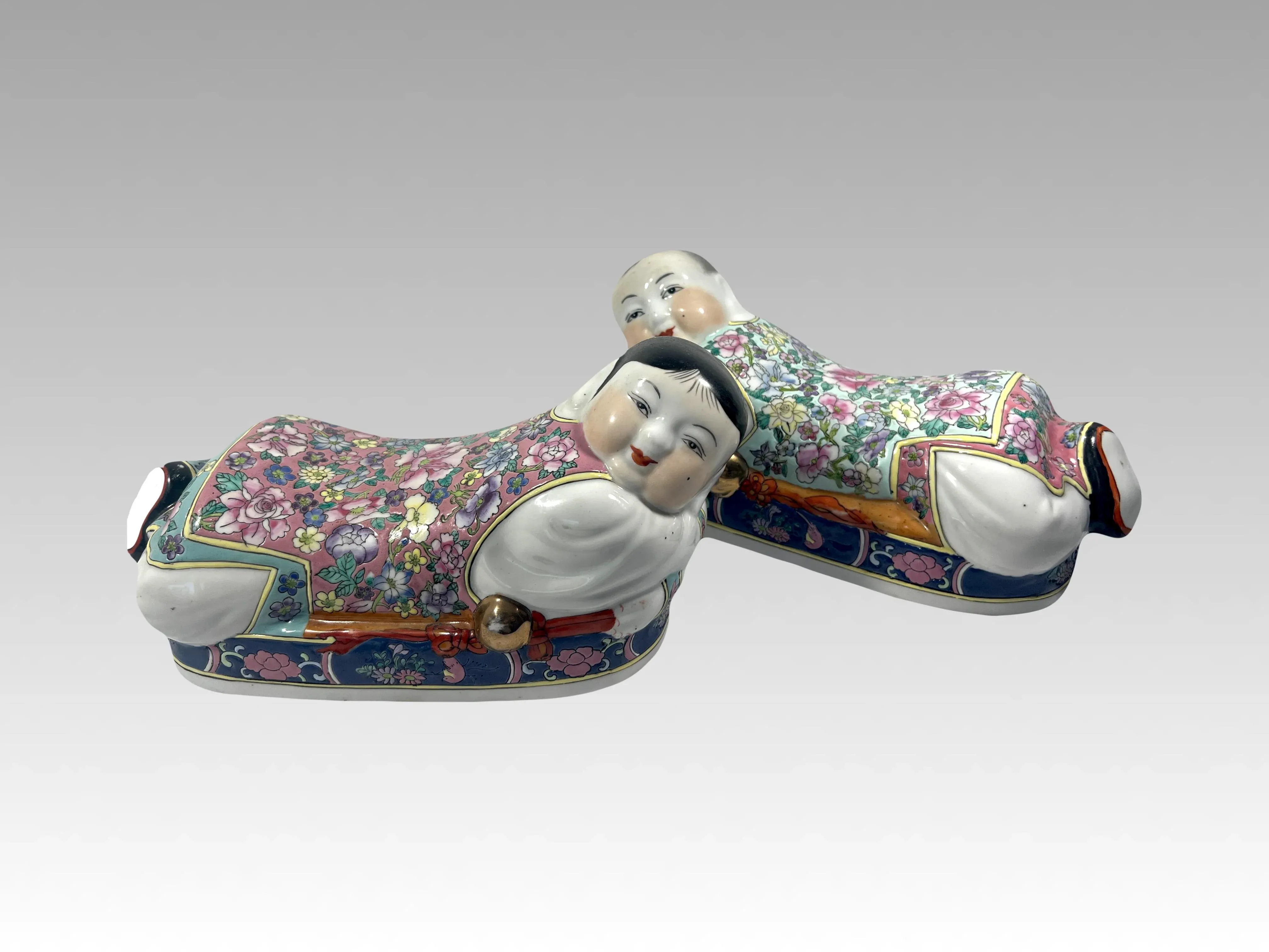 Artist Signed Hong Kong Chinese Famille Rose Figural Porcelain Pillows /  Headrests With Gold Highlights