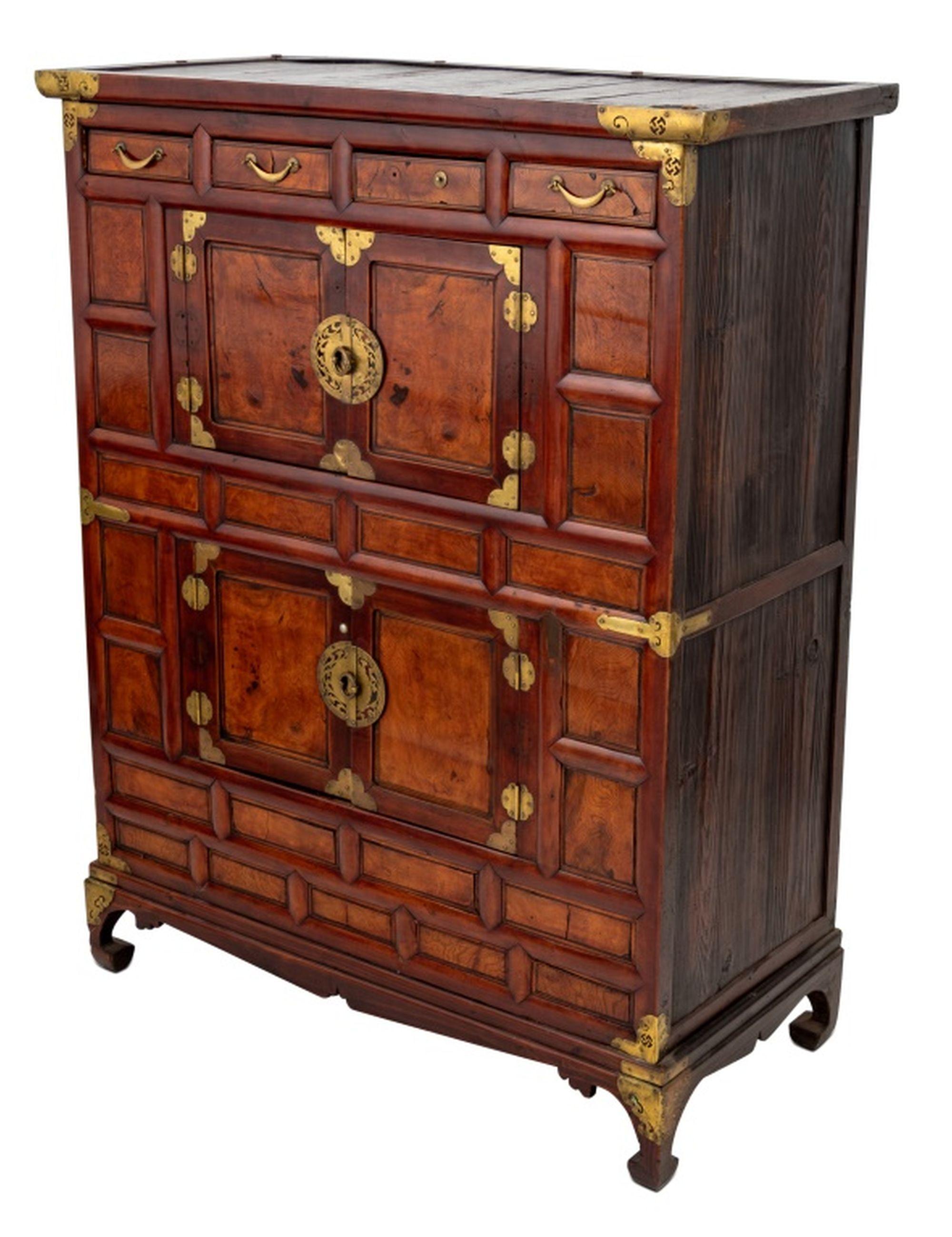 Korean Brass Mounted Elm Chest on Chest