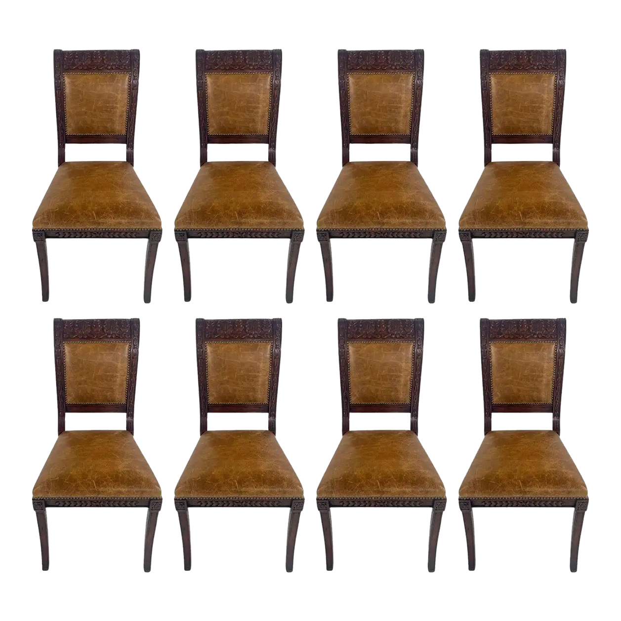 French Empire Style Mahogany & Leather Saber Legs Dining Chair, a Set