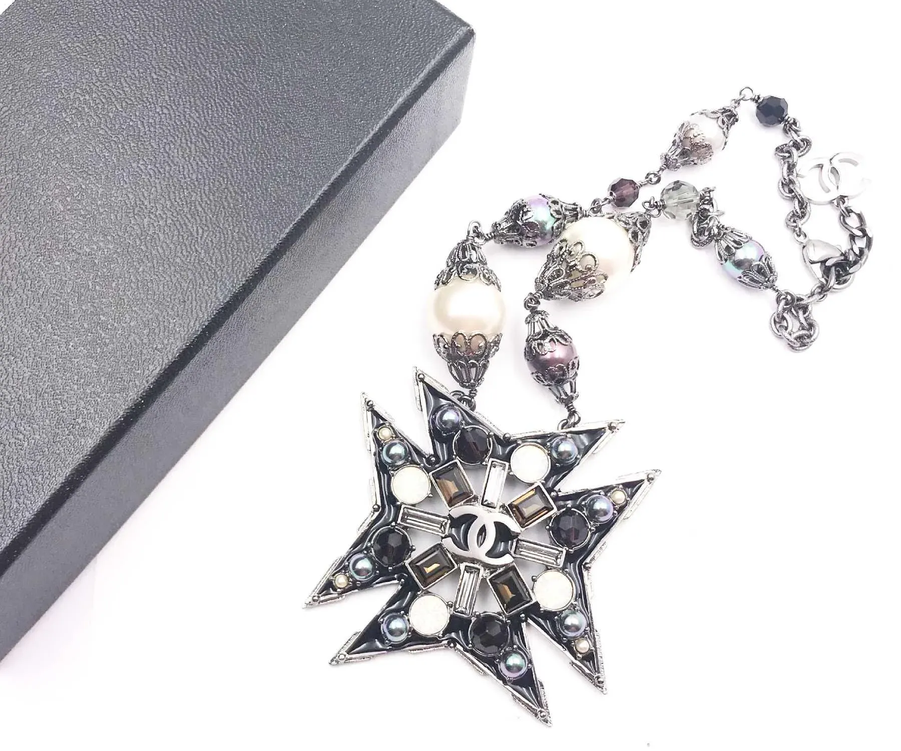 Chanel Rare Gunmetal Star Multi Color Stone Faux Pearl