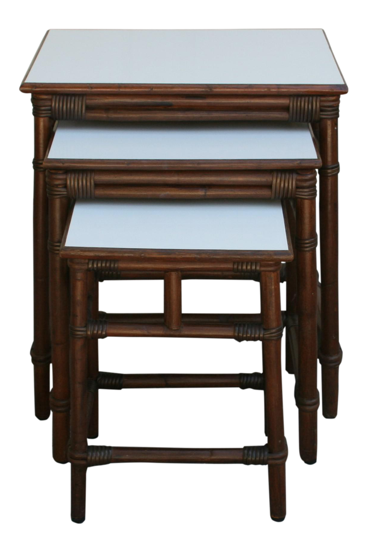 Rattan Wicker Nesting Tables Brown With White Laminate Top Mid Century