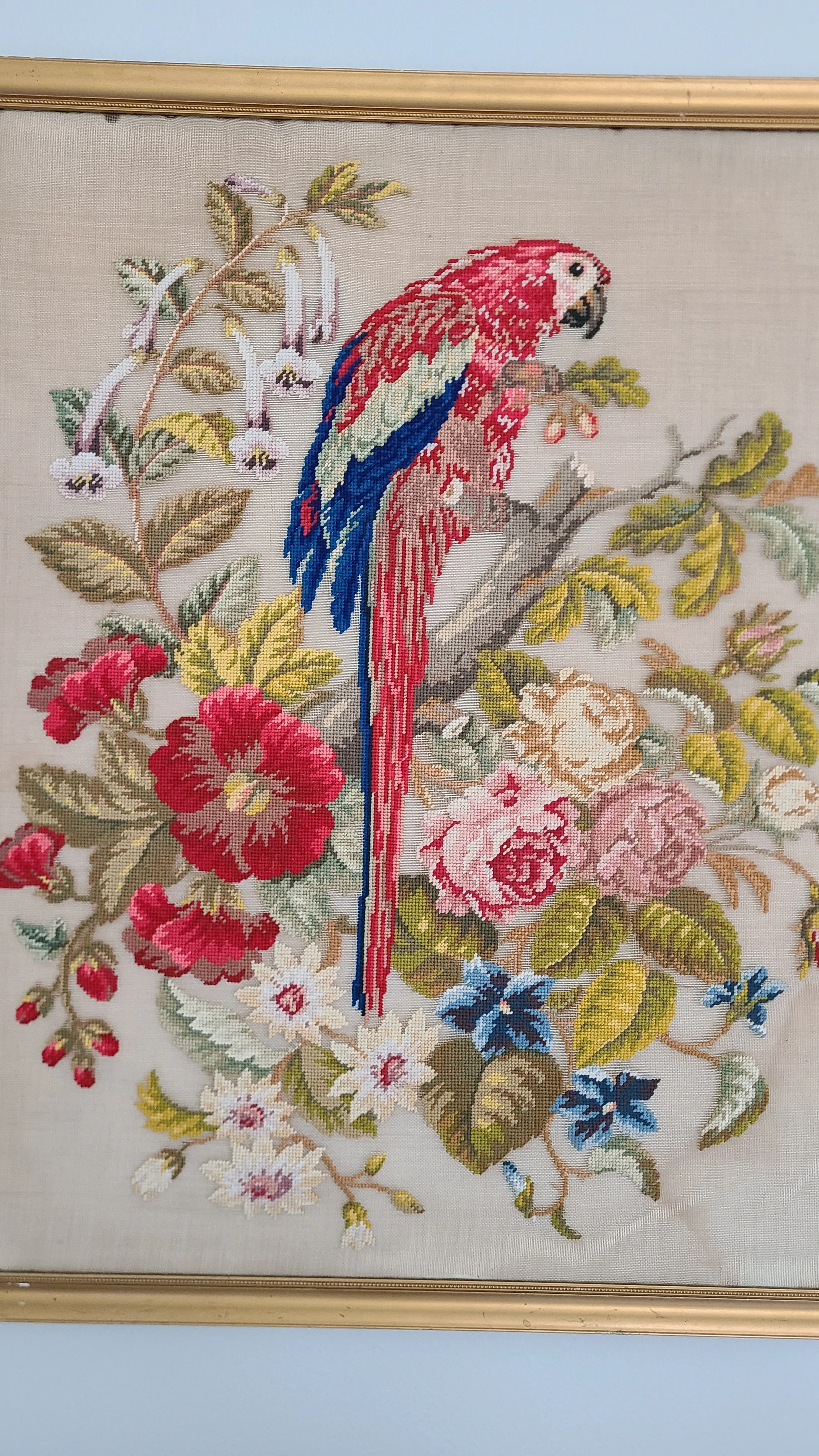 Vintage Macaw Parrot & Botanical Motif Folk Art Crewel