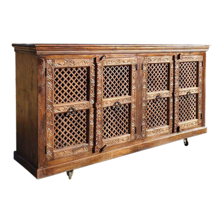 Mango Wood Sideboard with HandCarved Details & Open Lattice Work