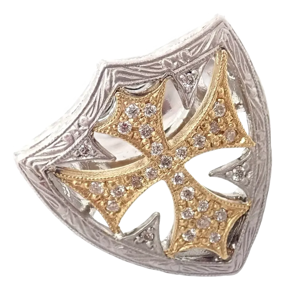 1990s Loree Rodkin White & Yellow Gold Diamond Cross Shield Crest