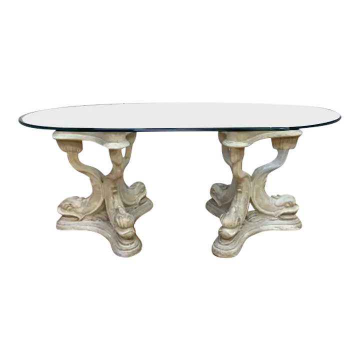 1980s Hollywood Regency Asian Koi Dragon Fish Glass Top Console Table