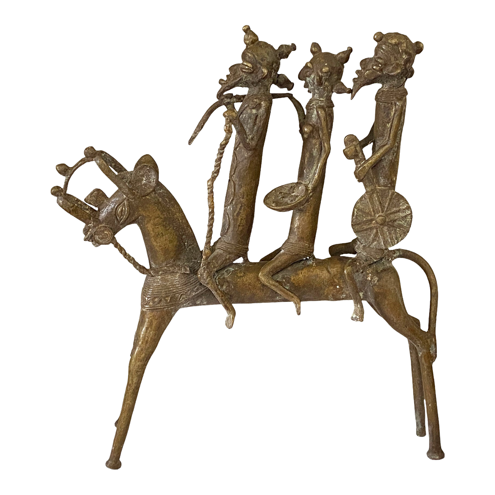 Lg African Kotoko Bronze Horseman W/ 3 Companions 17" H Chad Chairish