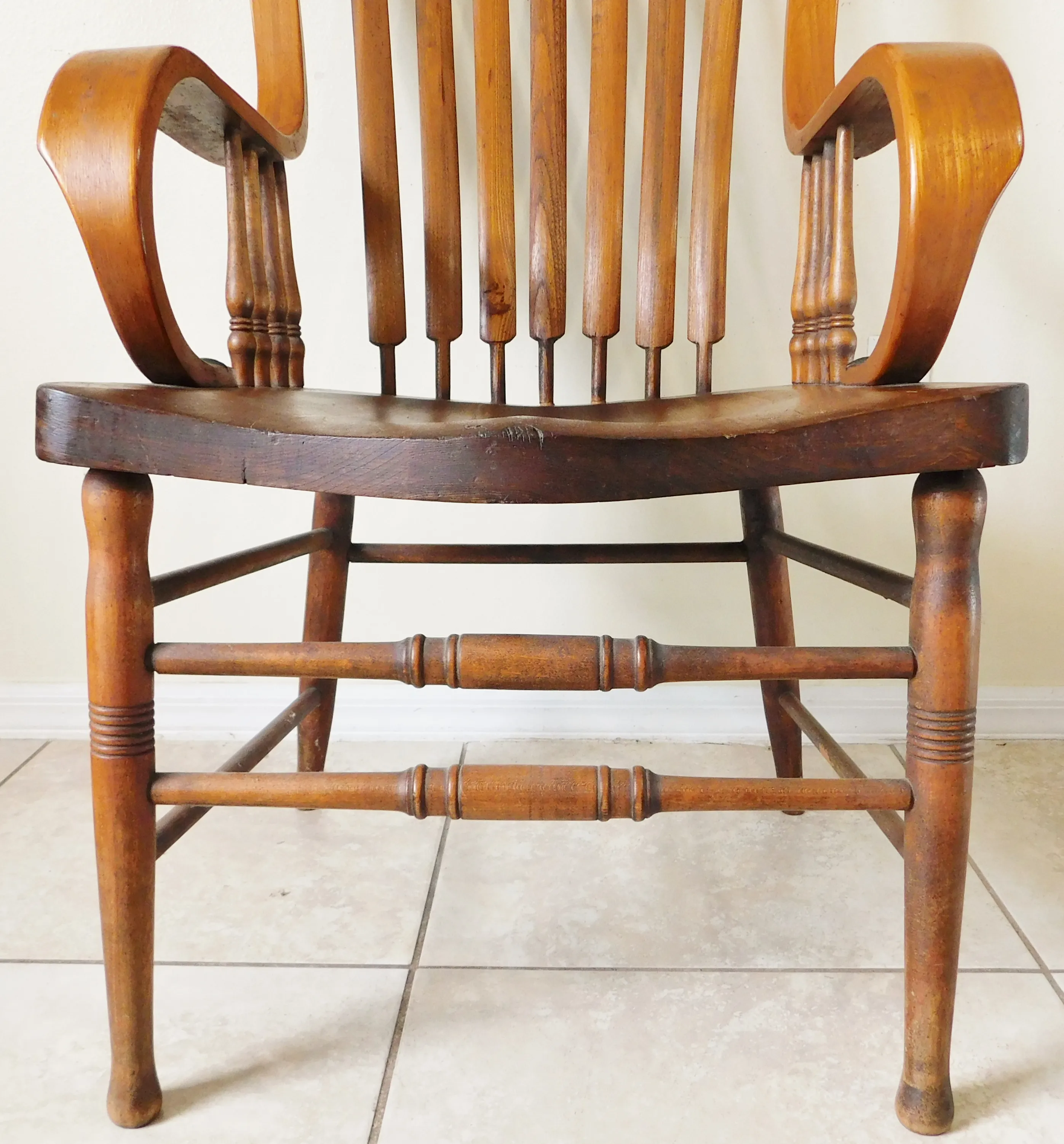 Large Antique Solid Oak Wood Pressed Spindle Back Oversized Arm