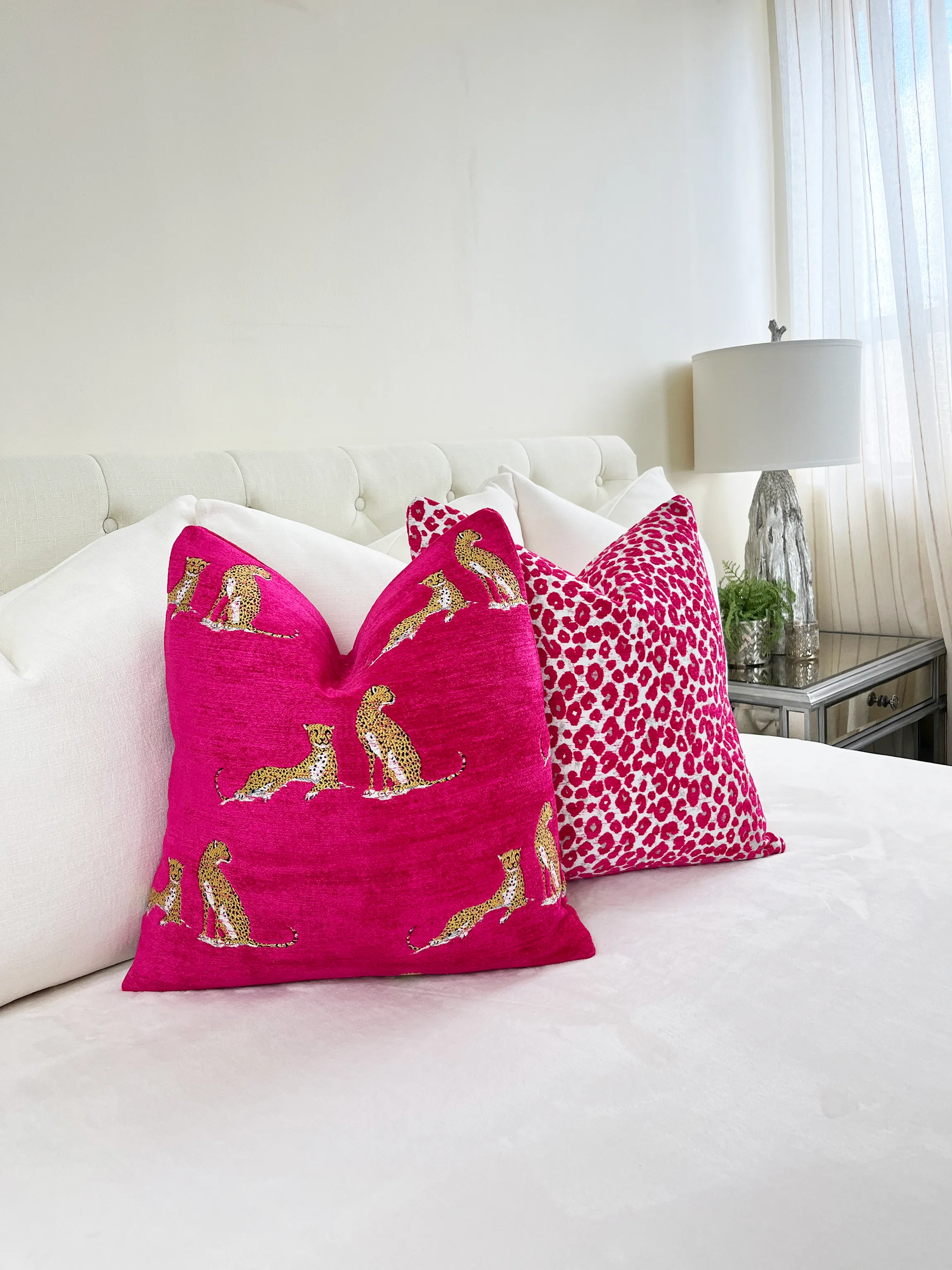 Magenta Pink Leopard Print Velvet Pillow With Plush Feather Down