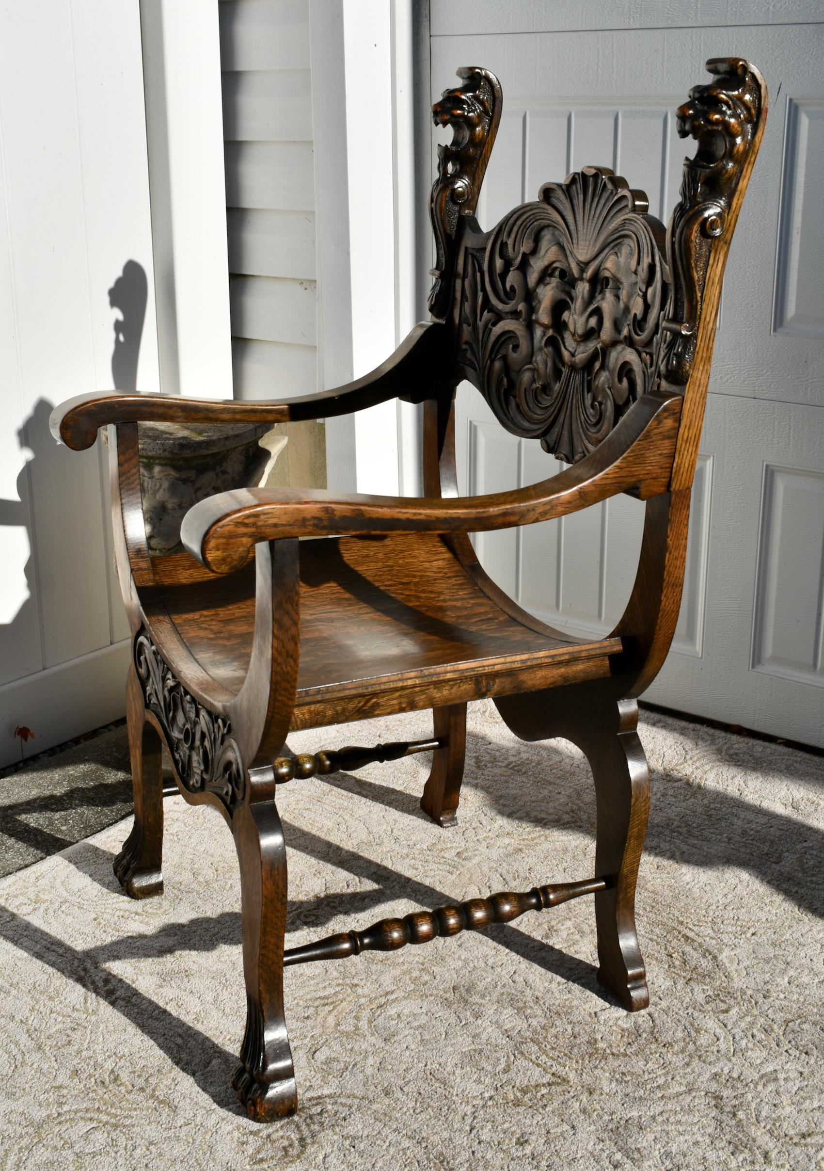 Antique Carved Oak Chair W/ North Winds Face, Lions, and Claw Foot