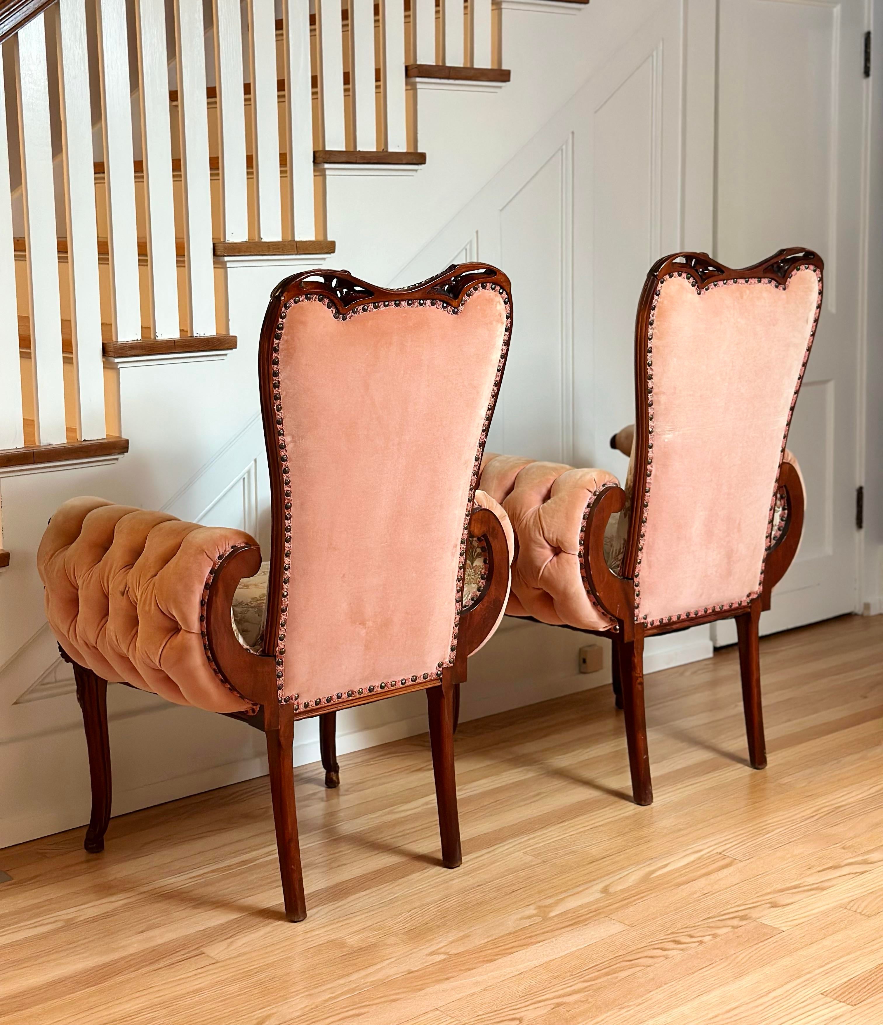Late 19th-Century French Rococo Revival Fauteuils Dramatic Sculptural Tufted Arms - A Pair