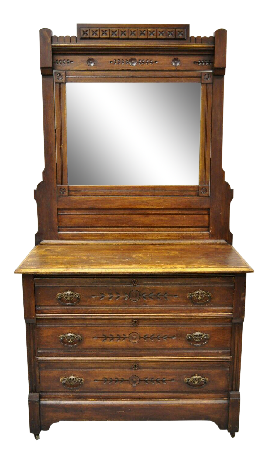 Antique American Eastlake Victorian Walnut 3 Drawer Dresser Chest With