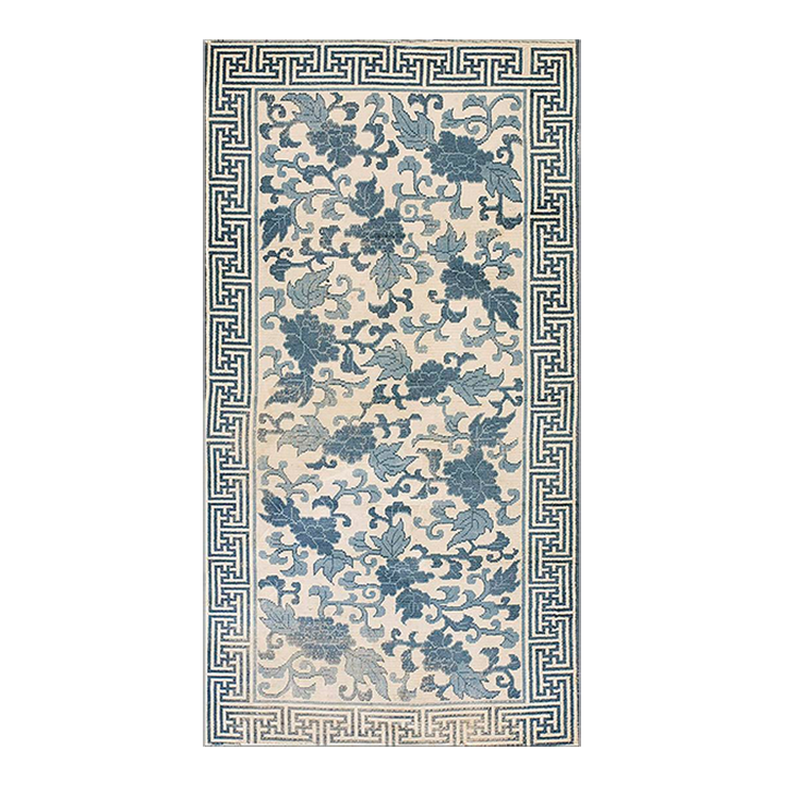 Lovely Tan Beige and Blue Cerulean Color With Florid Design Antique Japanese Rug