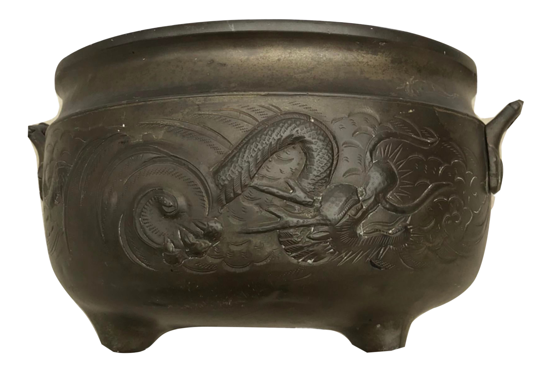 Antique Chinese Bronze Coal Pot With Embossed Double Sided Dragon