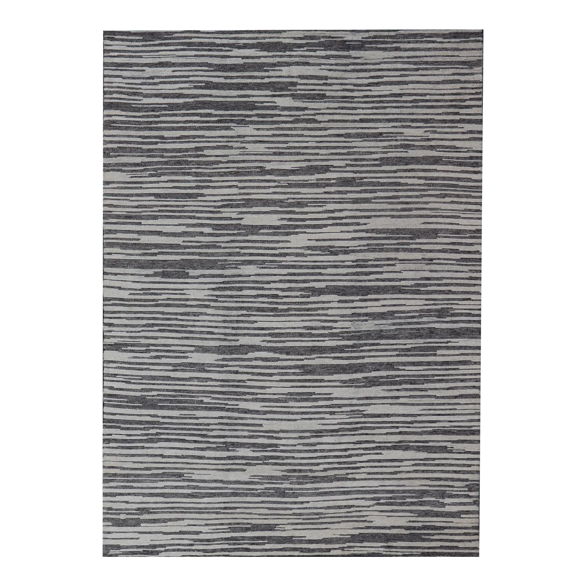 Cream and Charcoal Wood Grain Designed Indian Rug Hand-Knotted With Wool