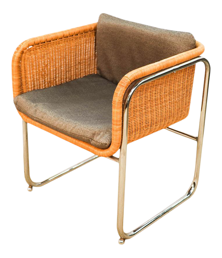 Harvey Probber Mid Century Wicker and Chrome Cantilever Dining Chair