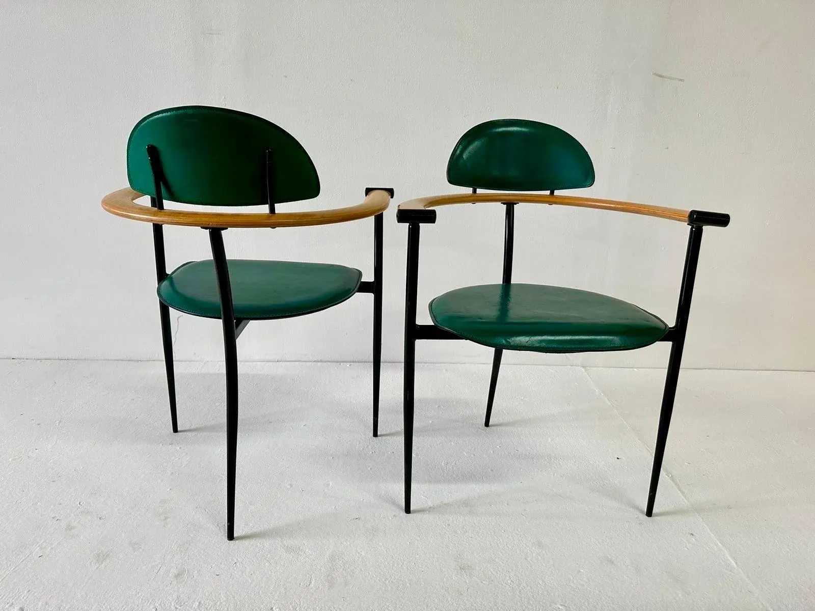Green Stitched Leather Stiletto Chairs by Arrben ITALY - Set