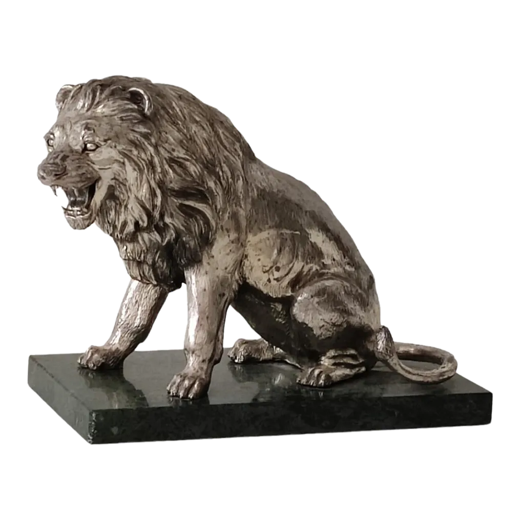 Mid-Century Modern Roaring Silvered Metal Lion Sculpture on