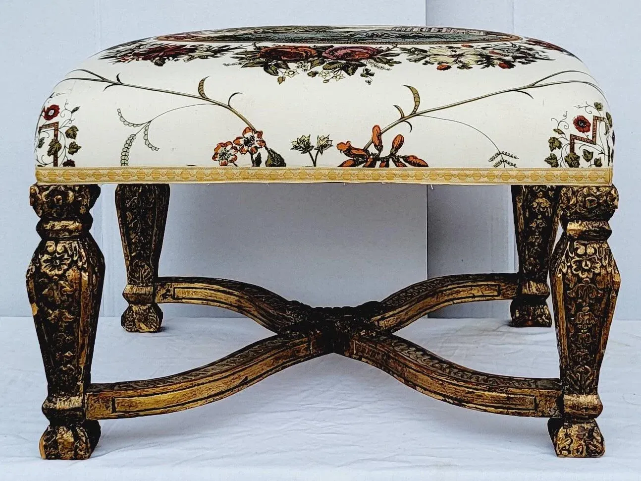 Antique Carved French Giltwood Ottoman in Toile