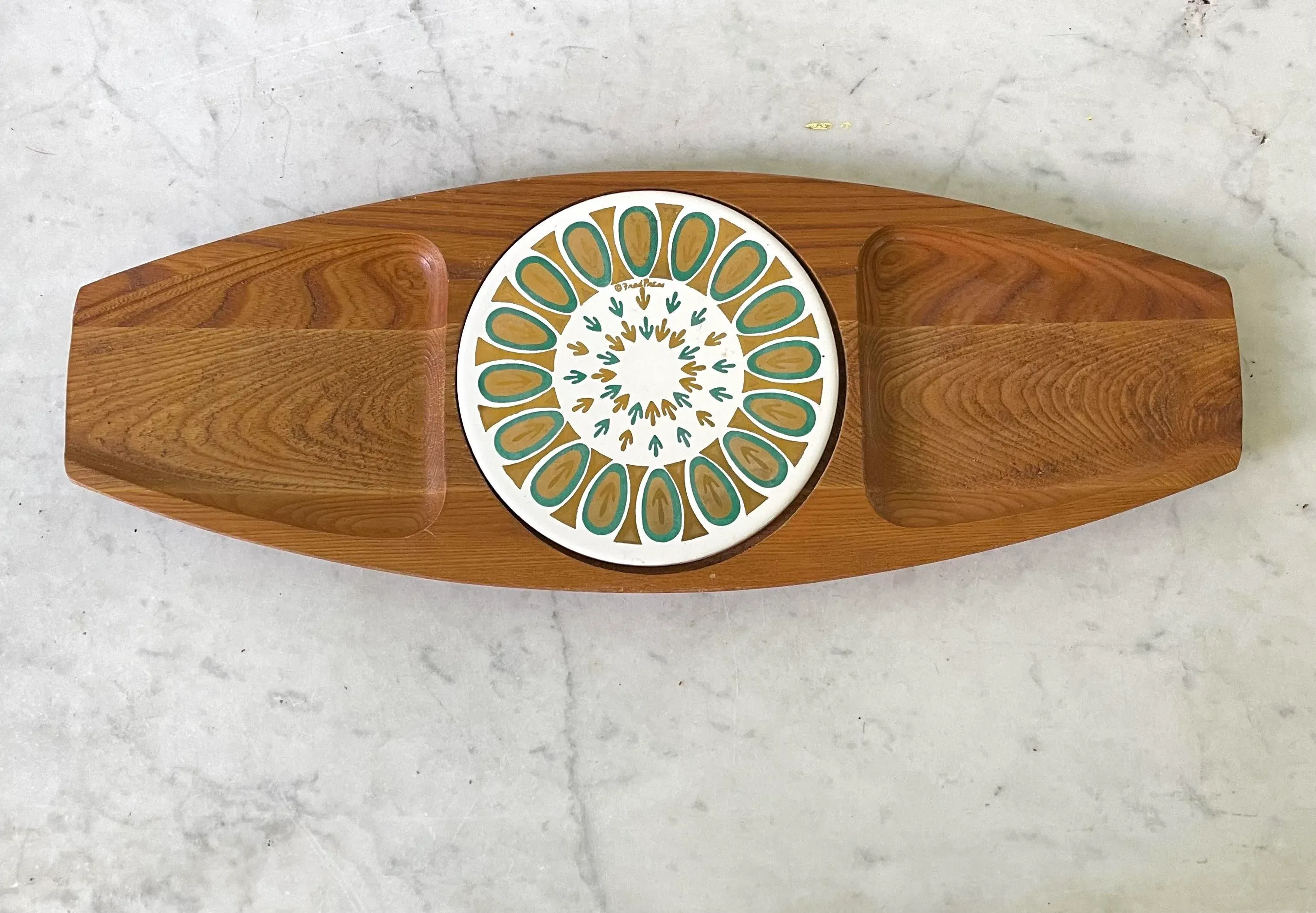 Vintage Fred Press Serving Tray With Trivet - Hand Carved Sere Wood, Japan