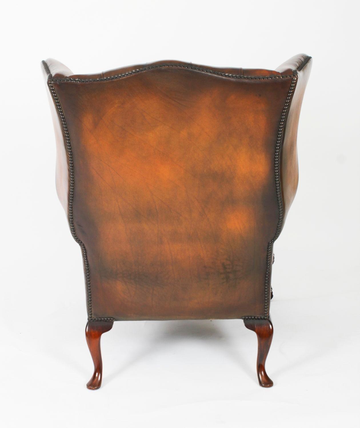 Antique Chippendale Revival Wingback Armchairs in Leather, 1920s, Set of 2
