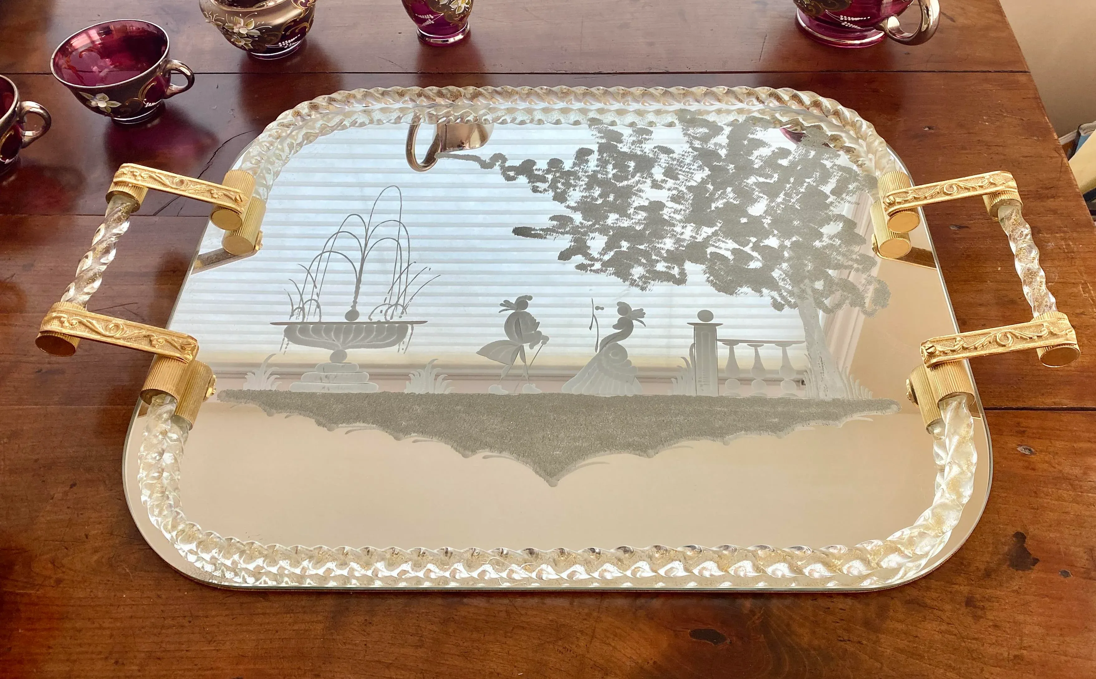Vintage Venetian Murano Cranberry Glass HandPainted 24k Gold