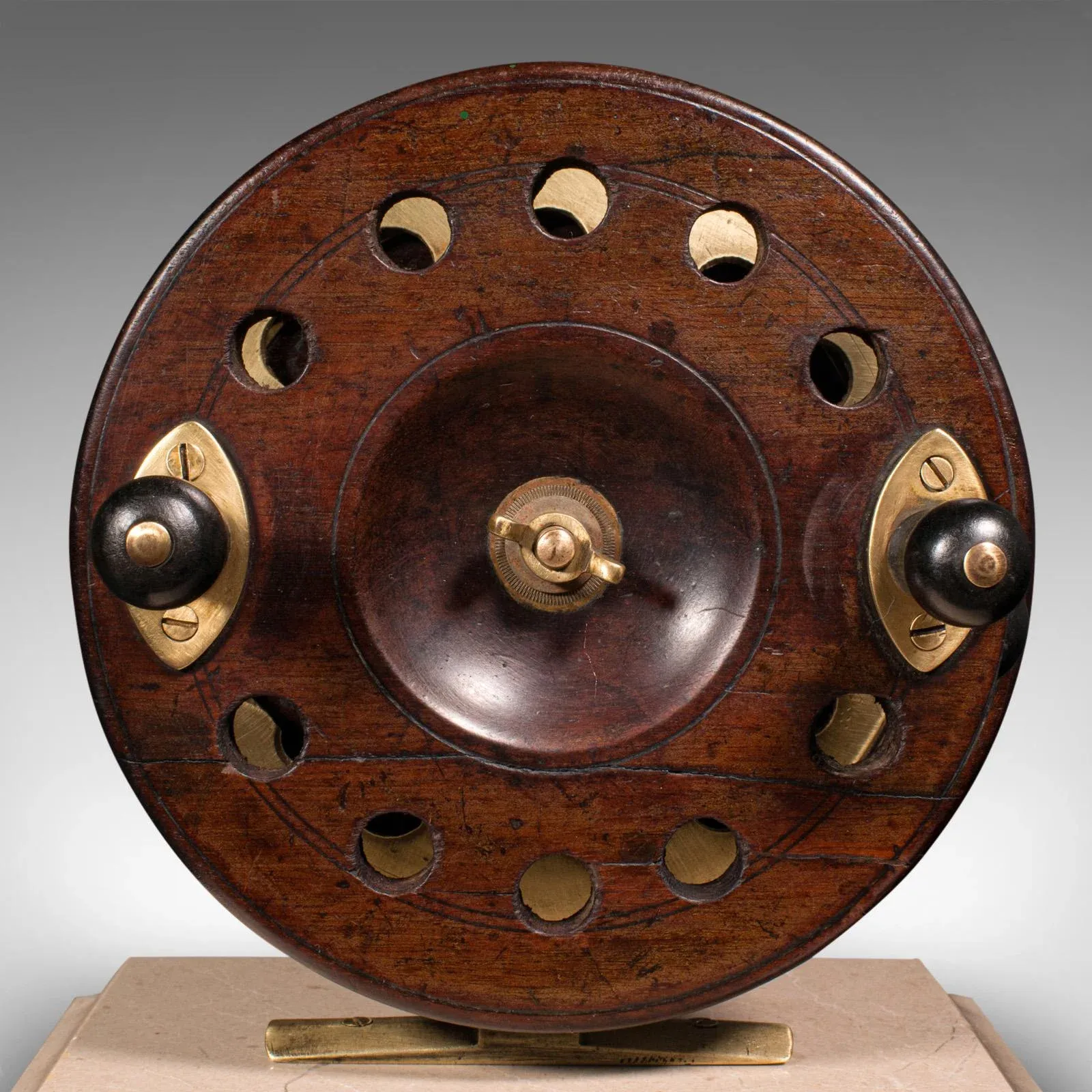 antique english fishing reels 1900s Victorian Antique Mounted Fishing Reel, English, Brass, Decorative,  Travertine