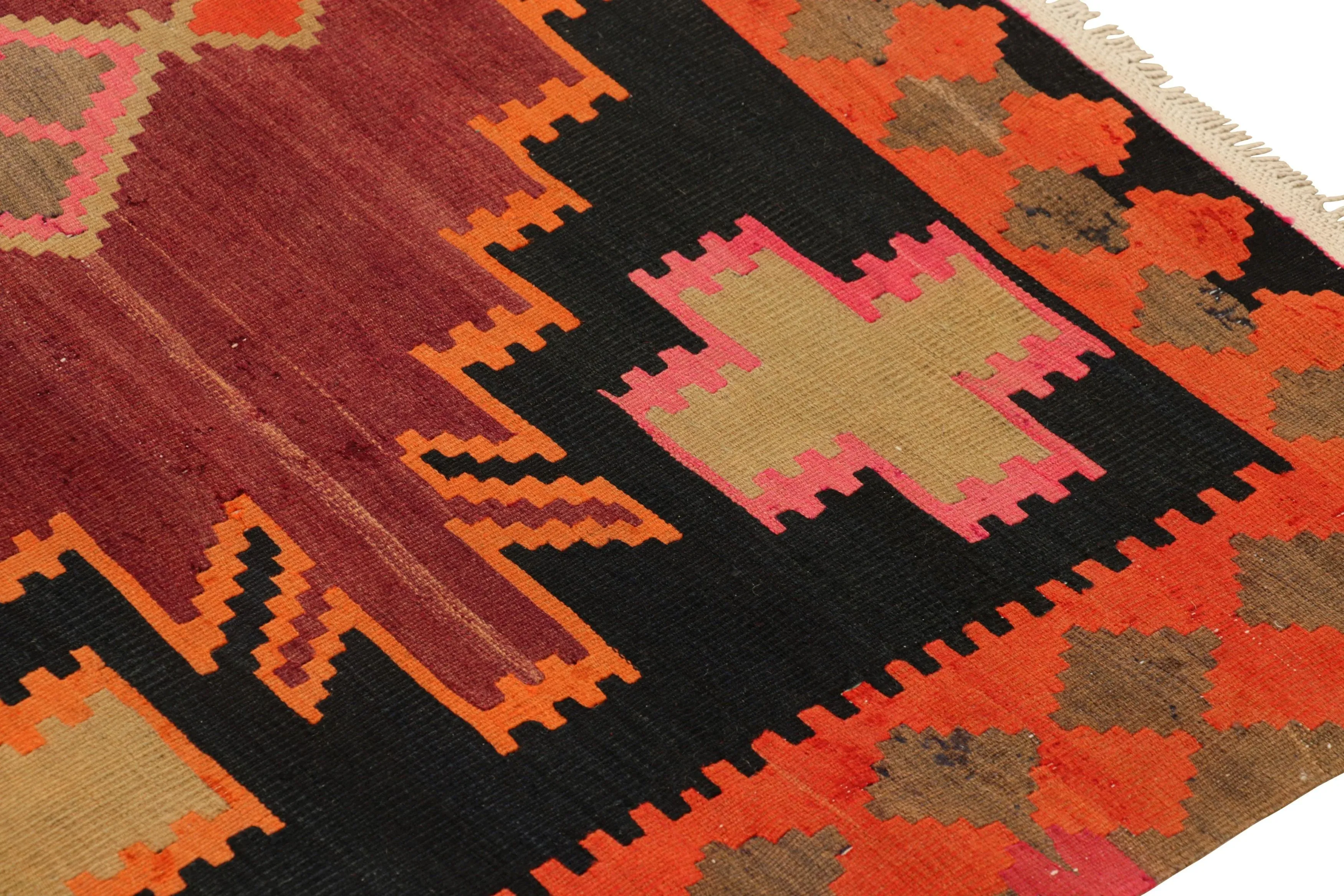 Late 20th Century Franciscan Desert Rose Covered Vegetable DishHandwoven Antique Persian Kilim Rug in Wine Black and Orange Geometric Pattern