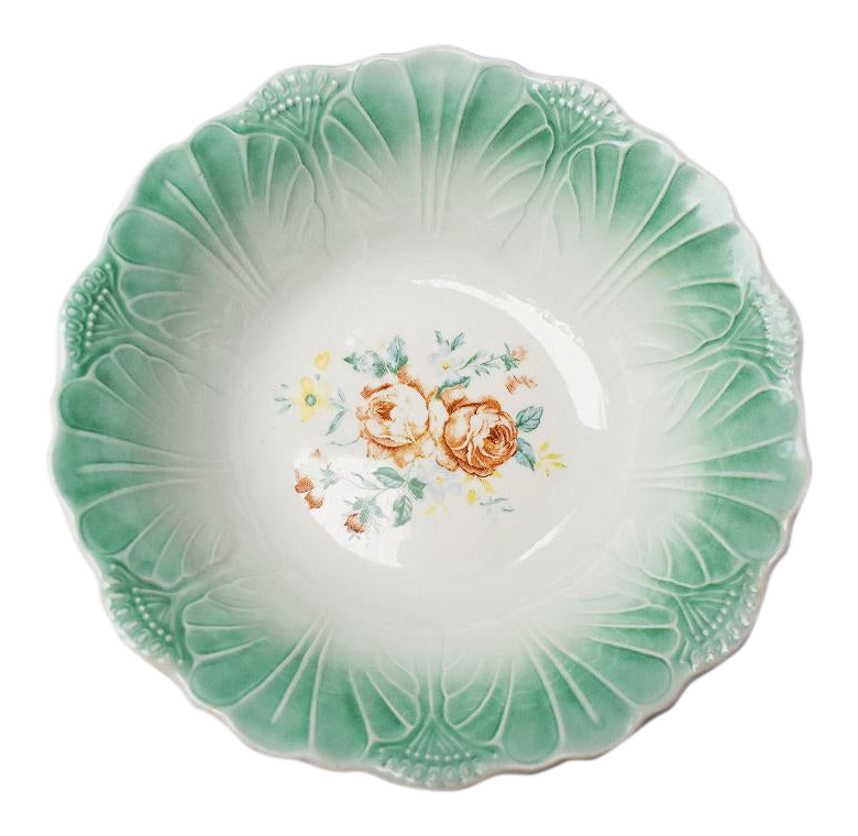 Round Green Ceramic Cabbage Leaf Serving Bowl Dish With Floral Pattern