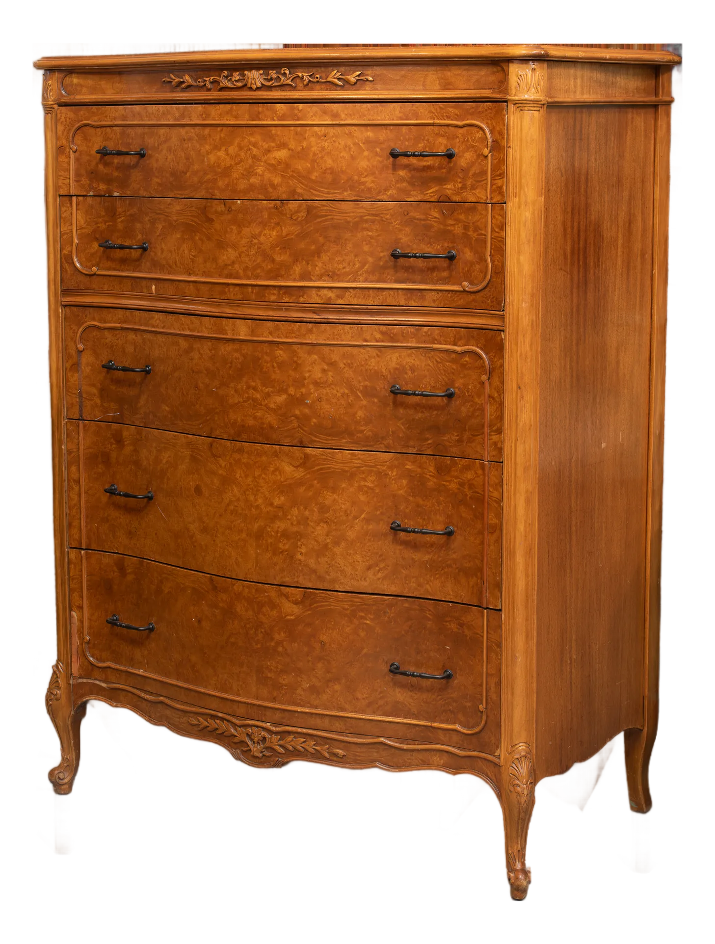 Early 20th Century Burlwood Five Drawer Dresser