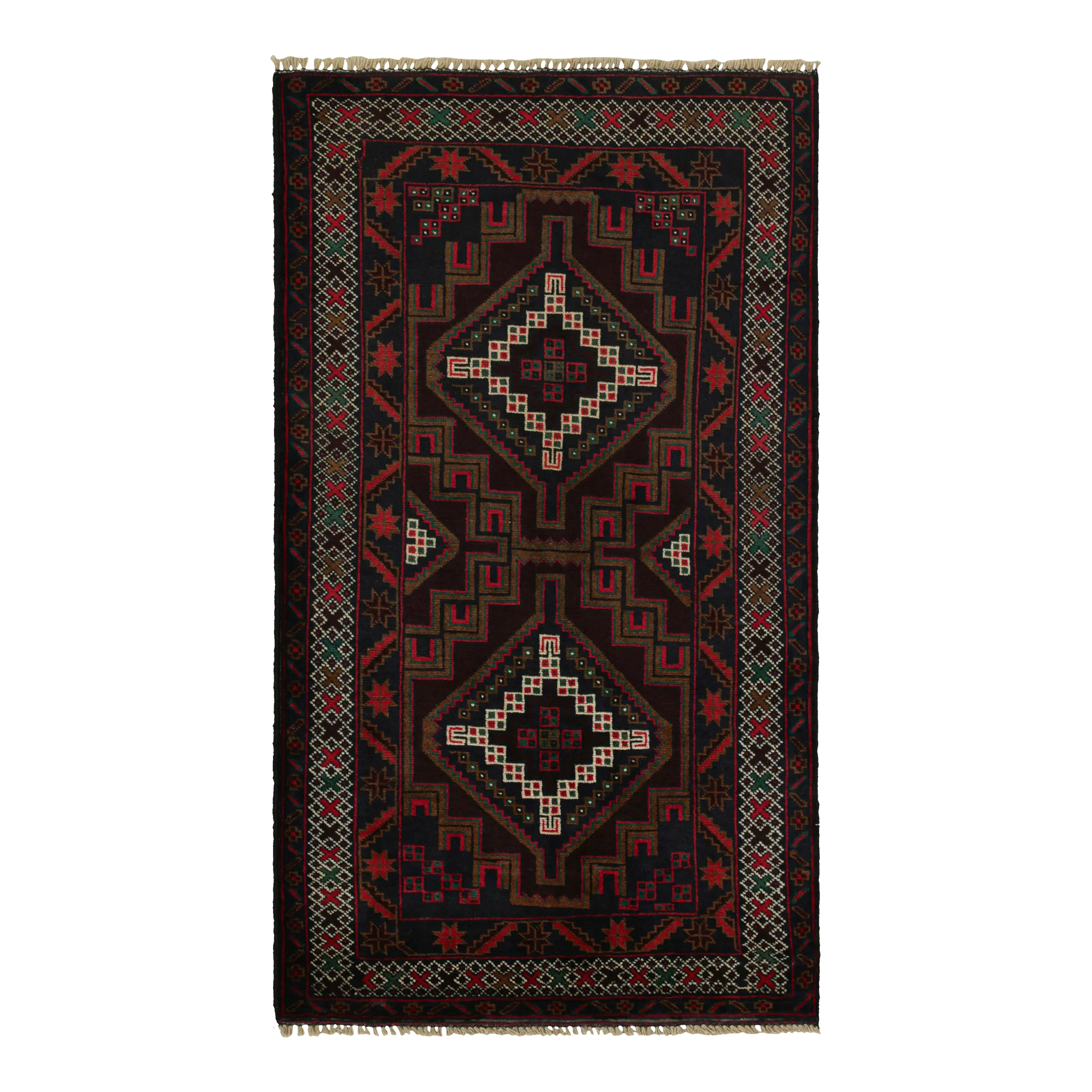 1950s Vintage Baluch Afghan Rug in Red & Blue With Geometric Patterns, by Rug & Kilim