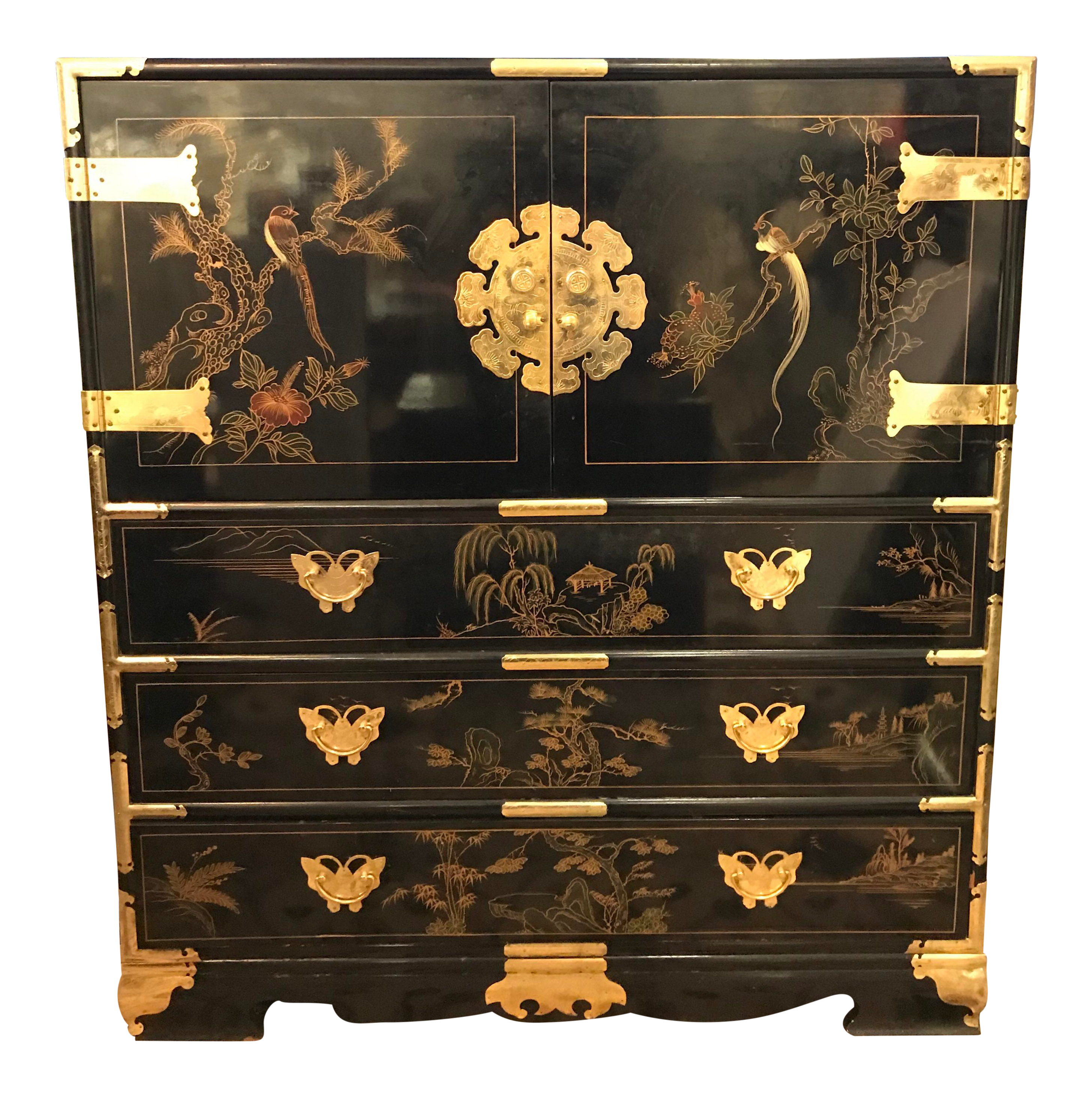 Mid Century Chinese Chinoiserie Black Lacquer Chest Armoire Chairish