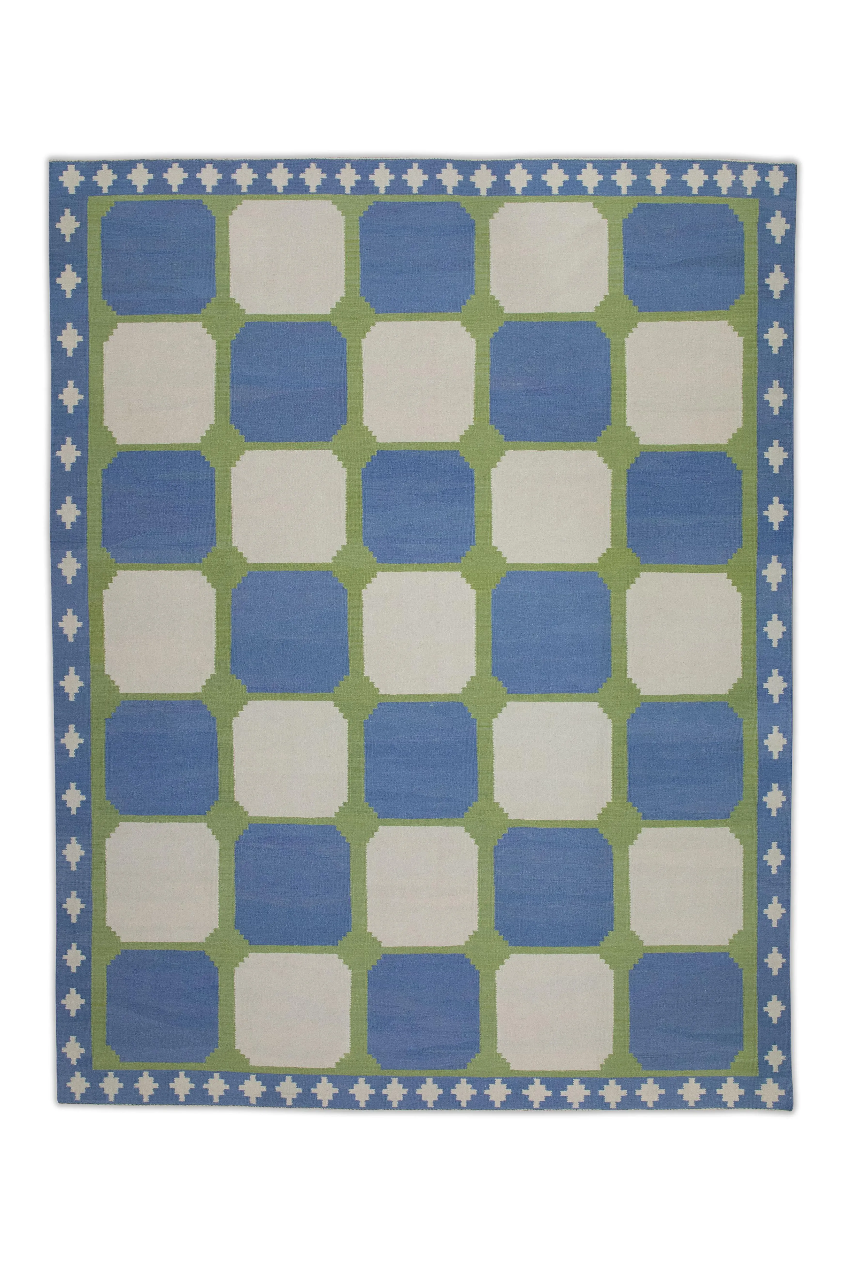Blue and Green Geometric Design Handmade Modern Kilim Rug 5' X 7