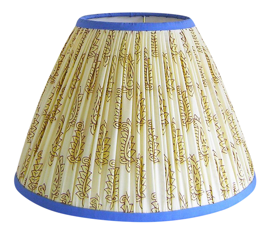 Gathered Lamp Shade, Cream with Blue Trim Chairish