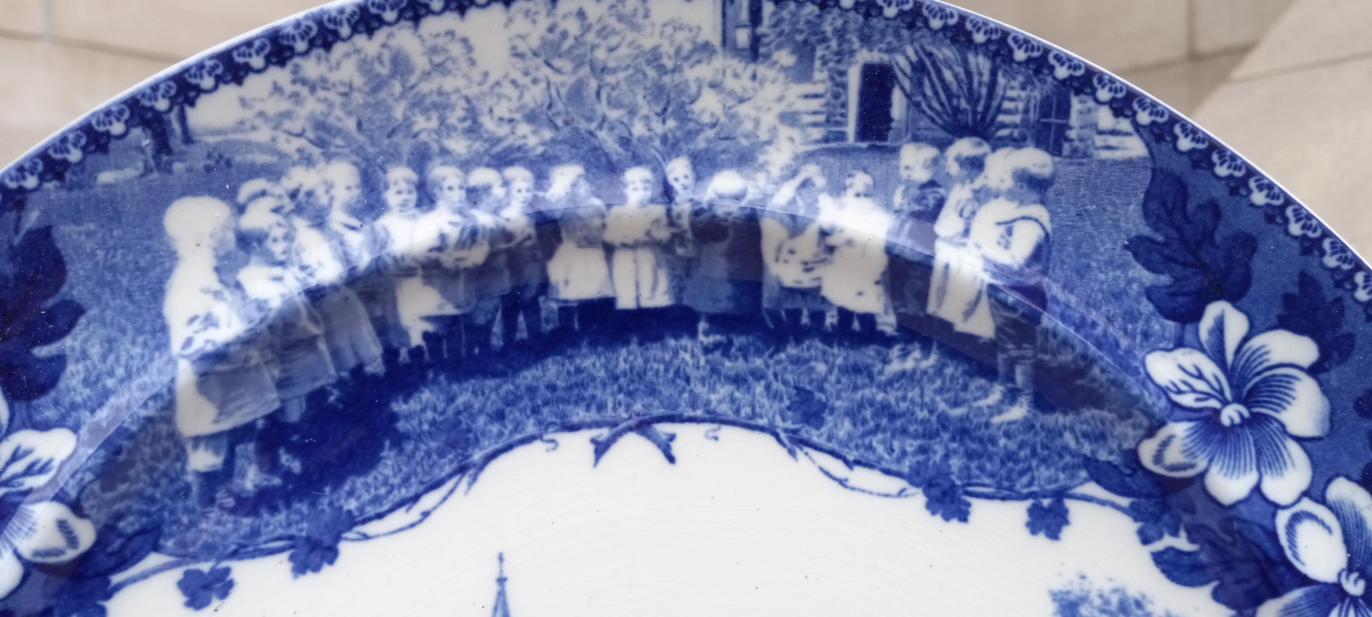 1900s Blue Transferware Plate American Scene on Staffordshire ~ Brooklyn Orphan Asylum Society