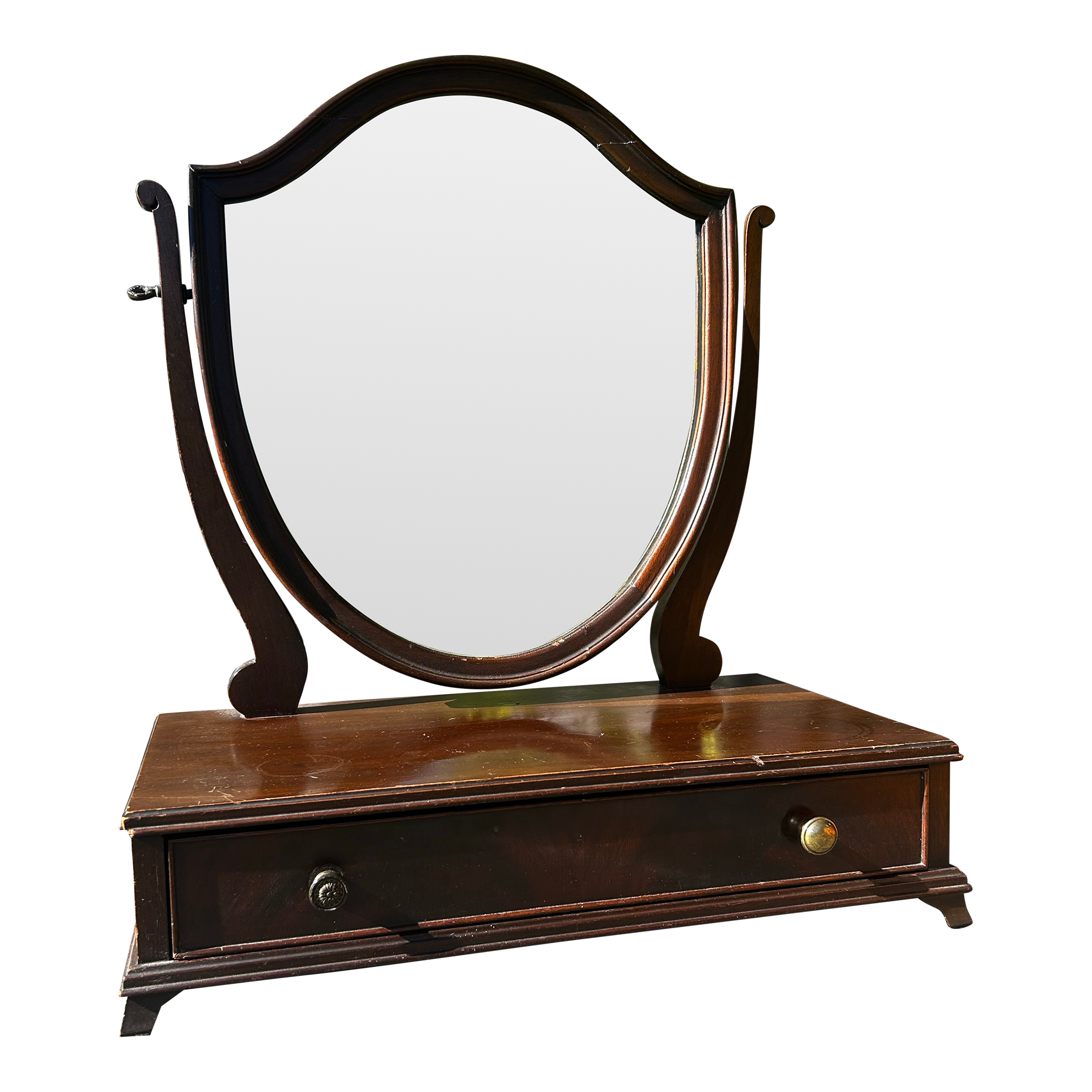 Antique Mahogany Gentleman’s Shaving Vanity Shield Shaped Dresser Top Mirror