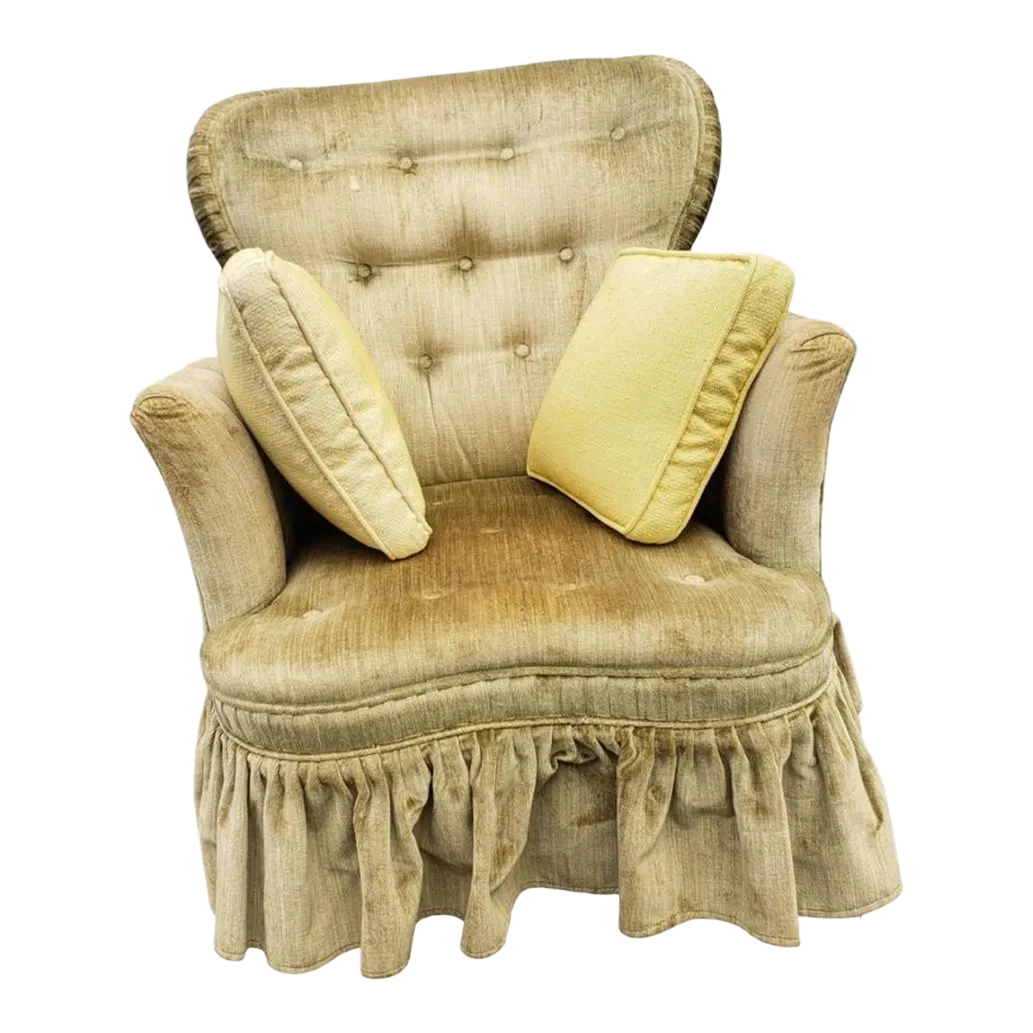 MidCentury Upholstered and Tufted Olive Green Lounge Chair With Skirt