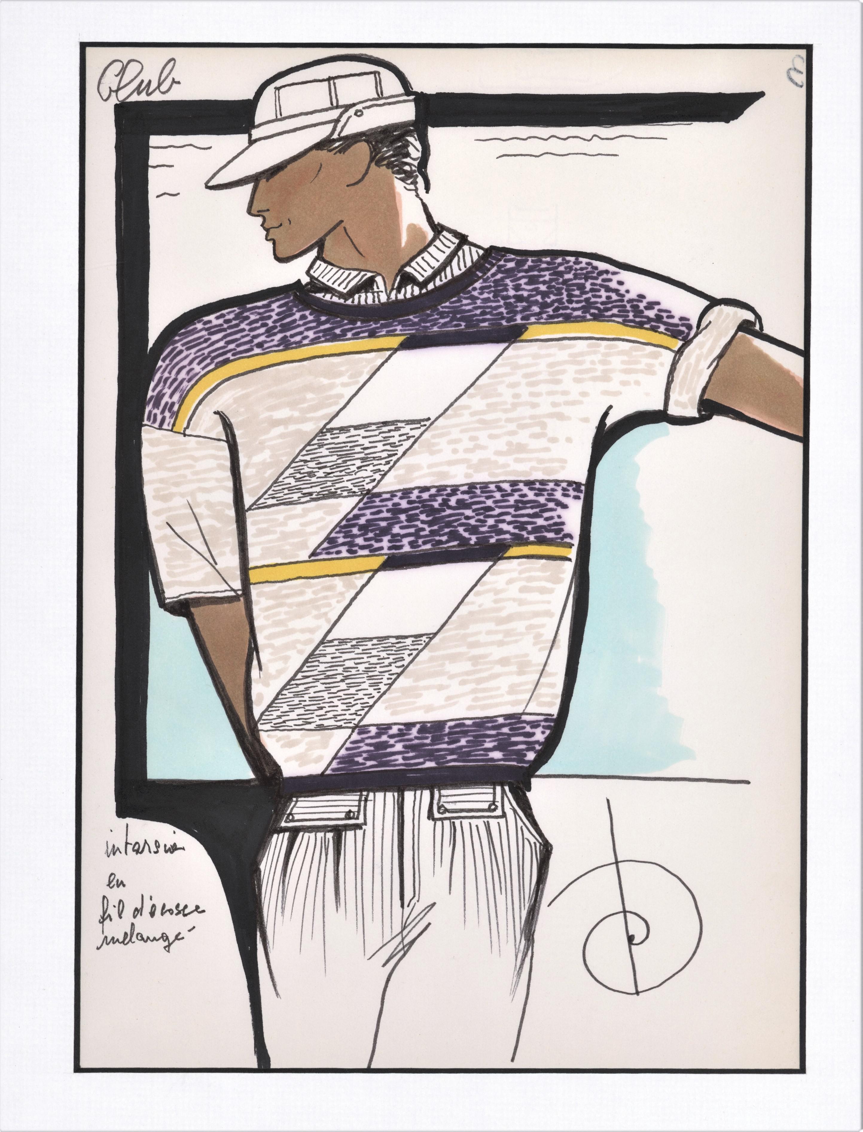 C1980s French Men's Sportswear Fashion Design Drawing-Summer
