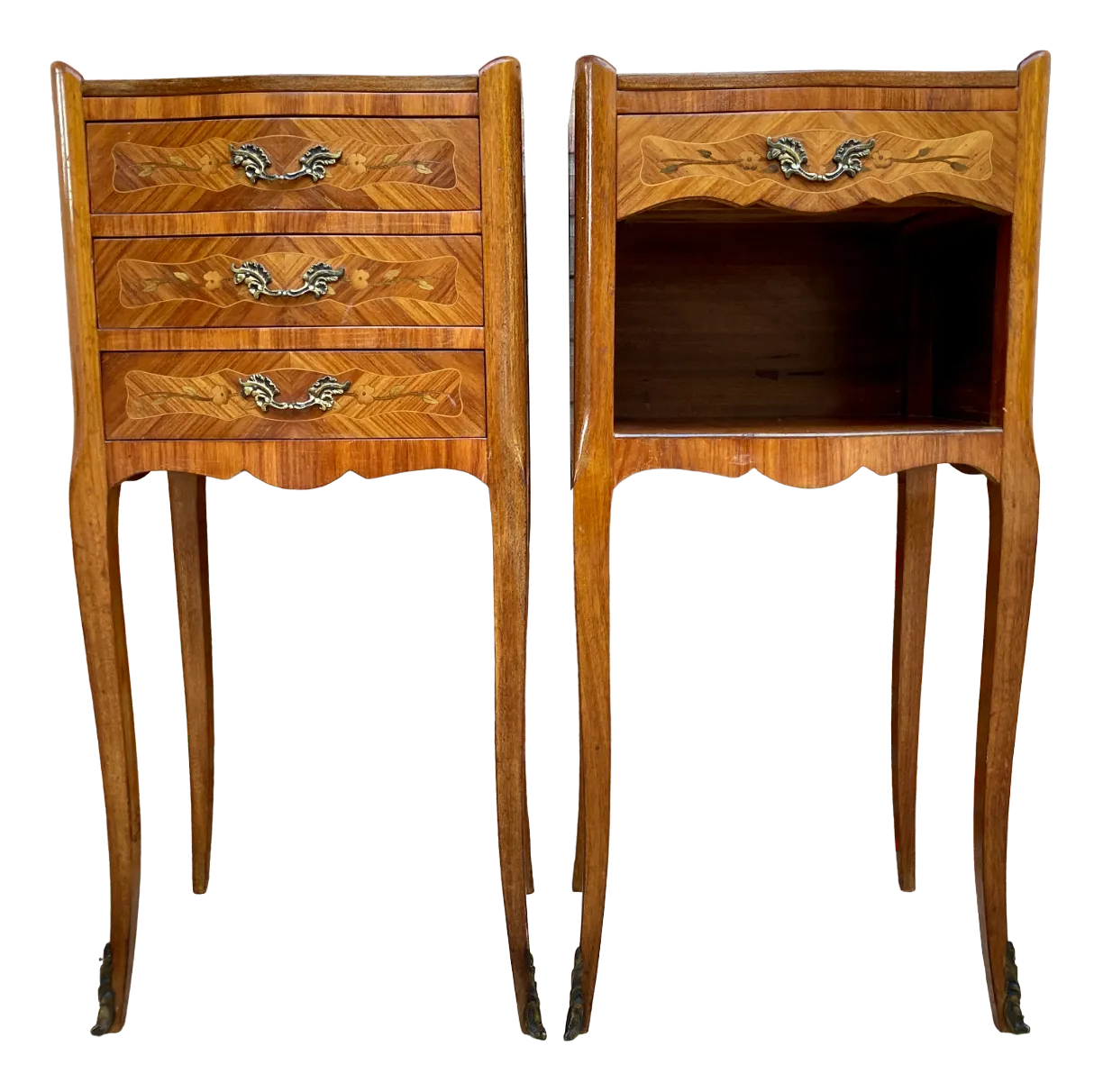 Vintage French Bedside Tables in Marquetry and Bronze Hardware, 1920, Set of 2 Chairish