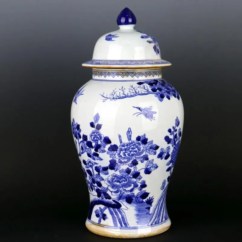 Antique Chinese Ceramic Pot Qing Dynasty Kangxi Marked Blue and White Porcelain Ginger Jar Hand Painted Flowers and Birds Pattern