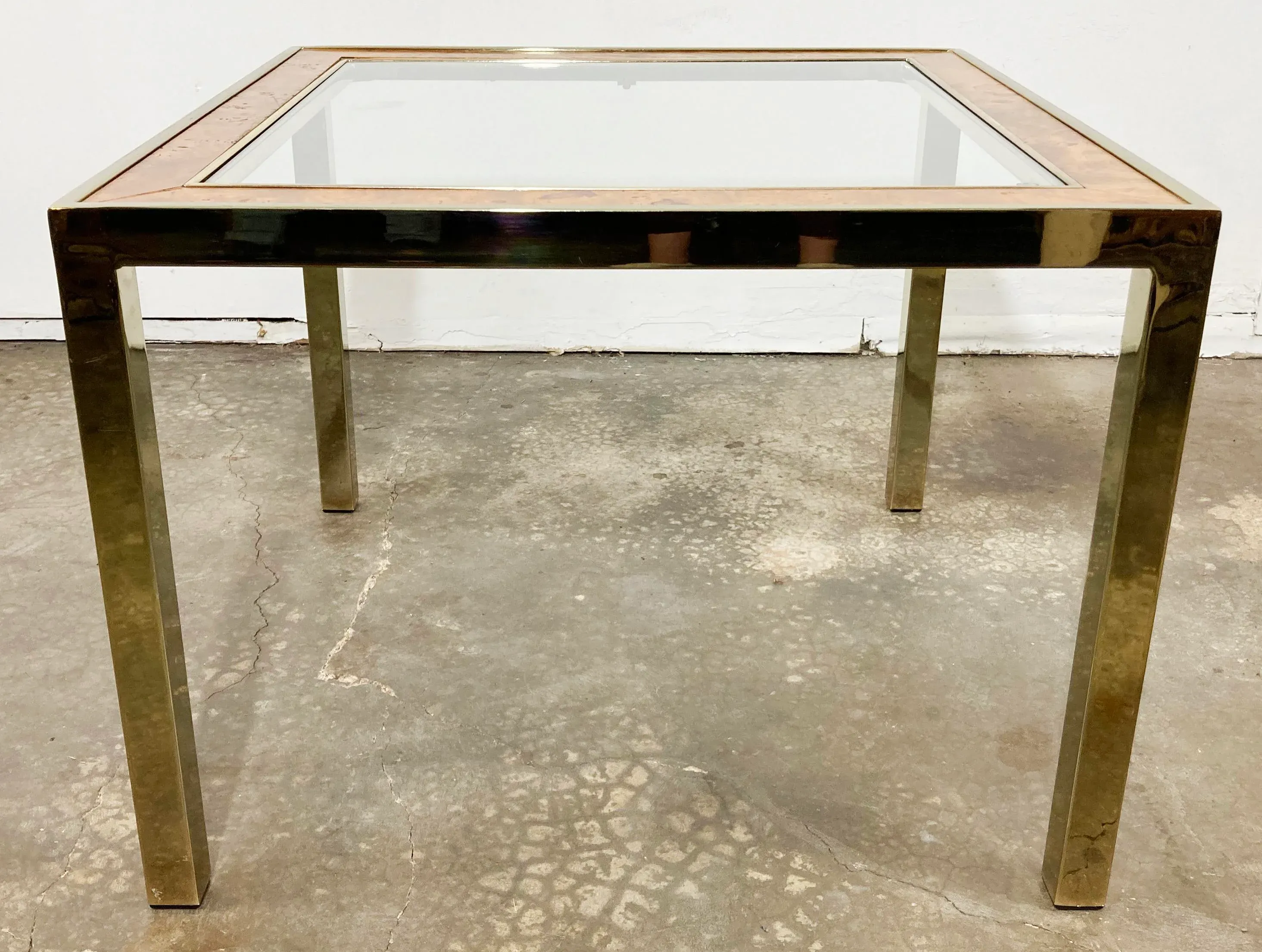Vintage 1960s MCM Parsons Style Burl Wood and Brass Glass Vintage 1960s MCM Parsons Style Burl Wood and Brass Glass