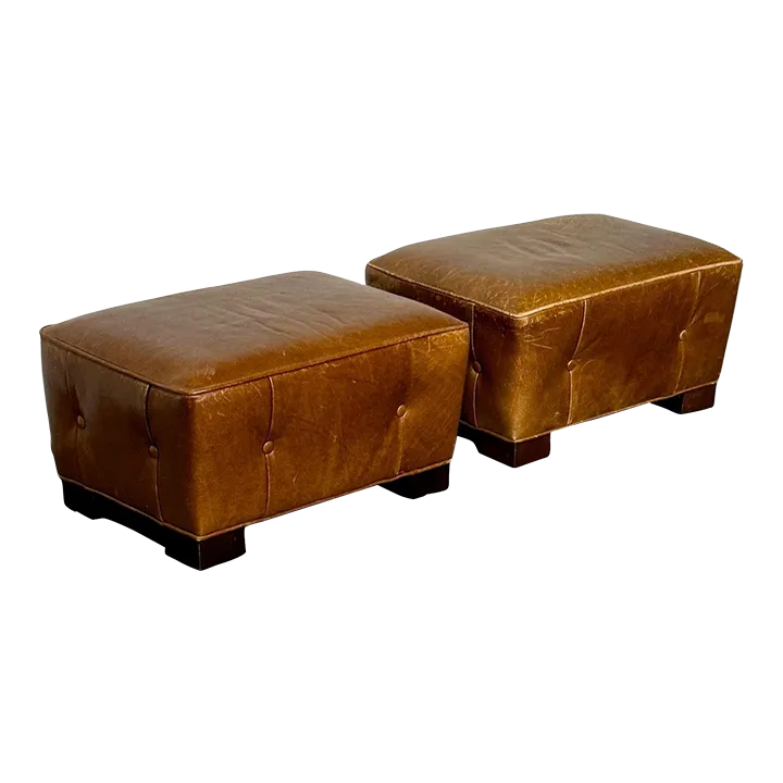 Pair of French Art Deco Style Leather Ottomans, Low Stools, Distressed