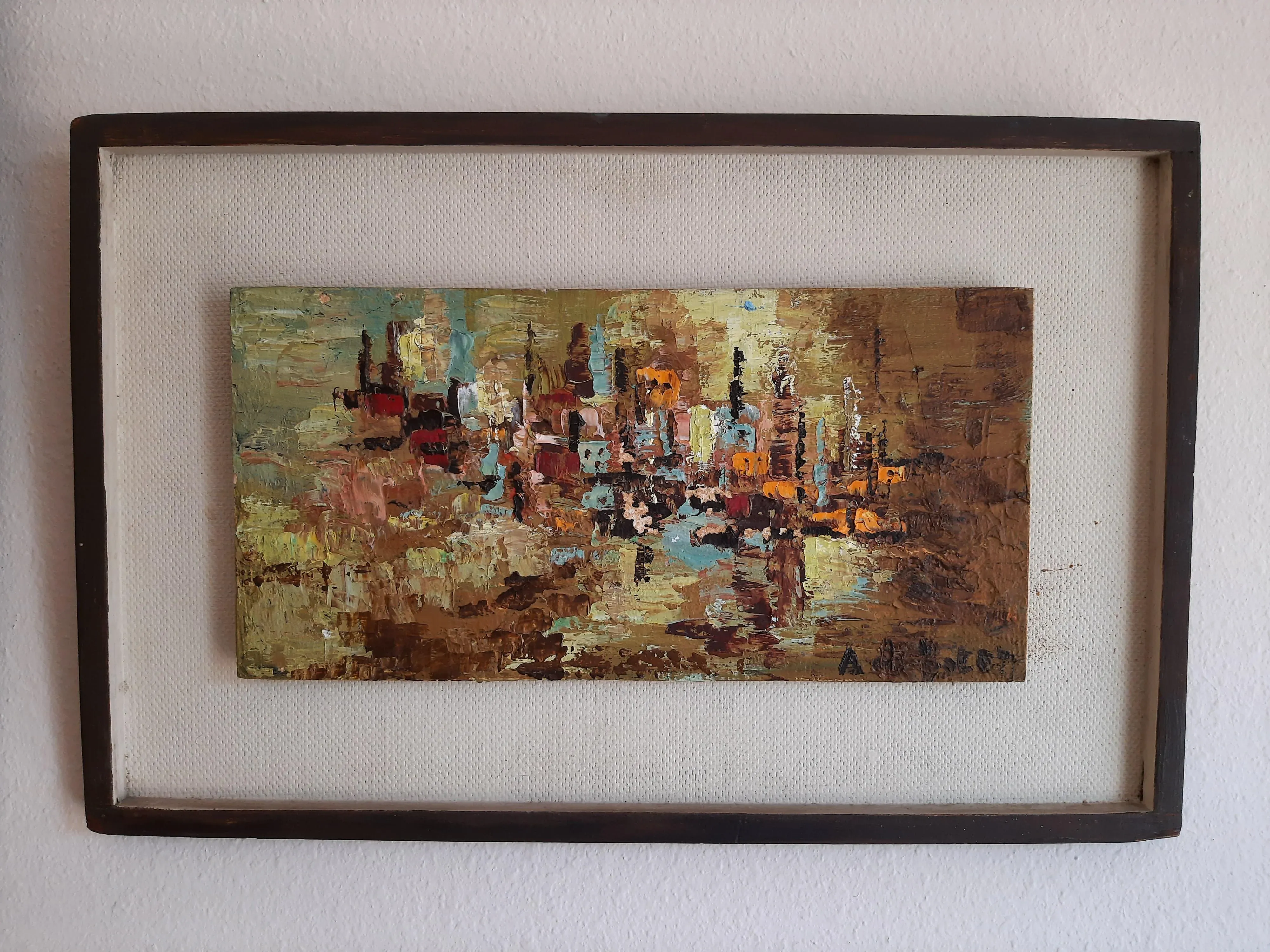 Mid Century Abstract Cityscape Signed Painting | Chairish