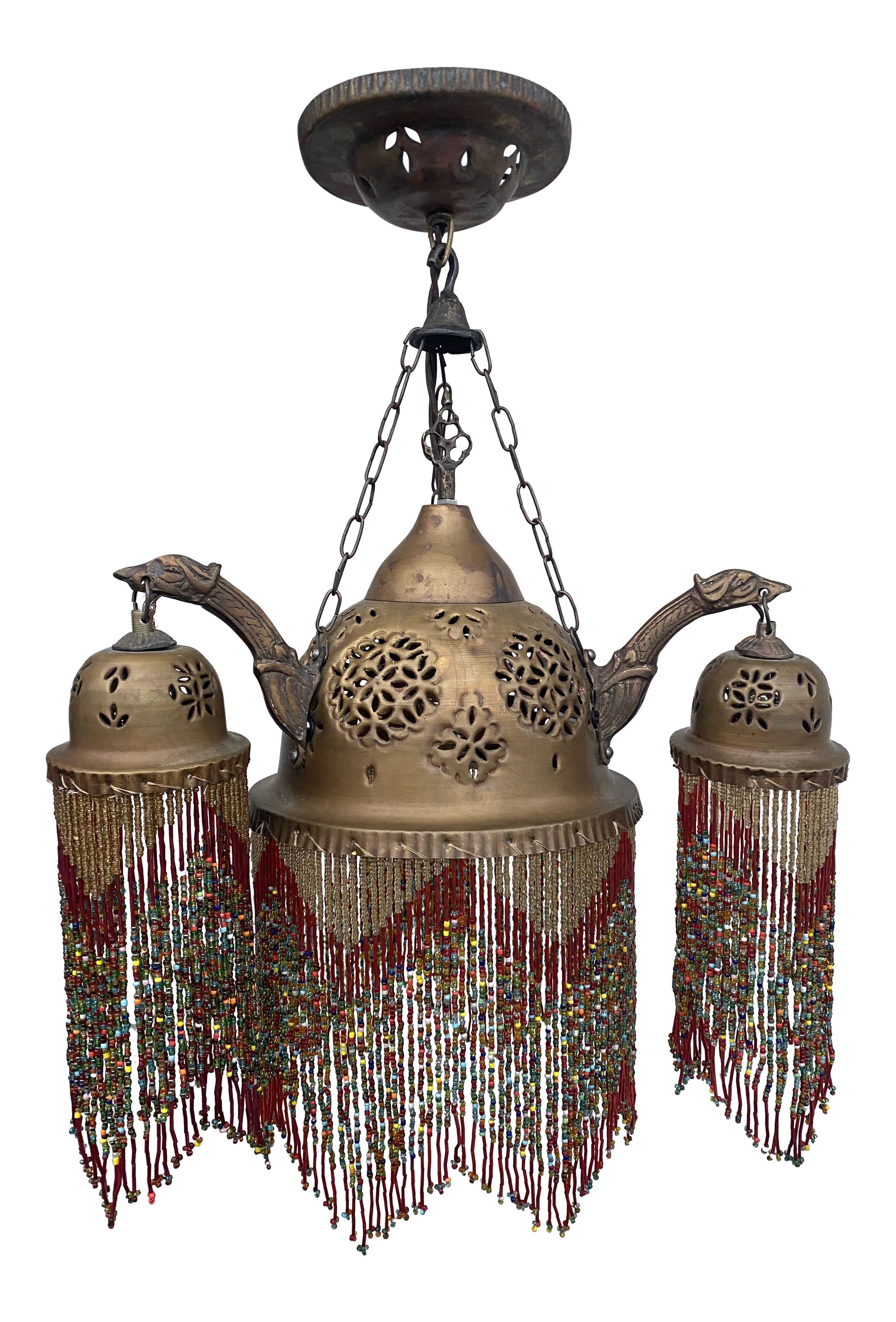 Early 20th Century Boho Pierced Brass And Glass Bead Chandelier Chairish