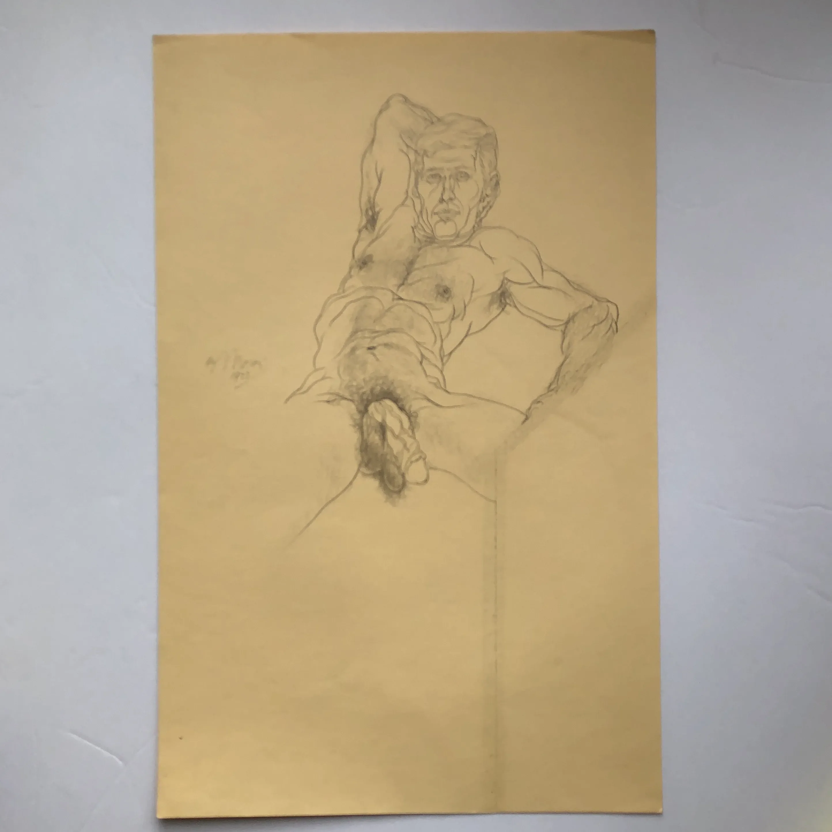 Original Vintage Male Nude Charcoal Study Drawing 1970’s