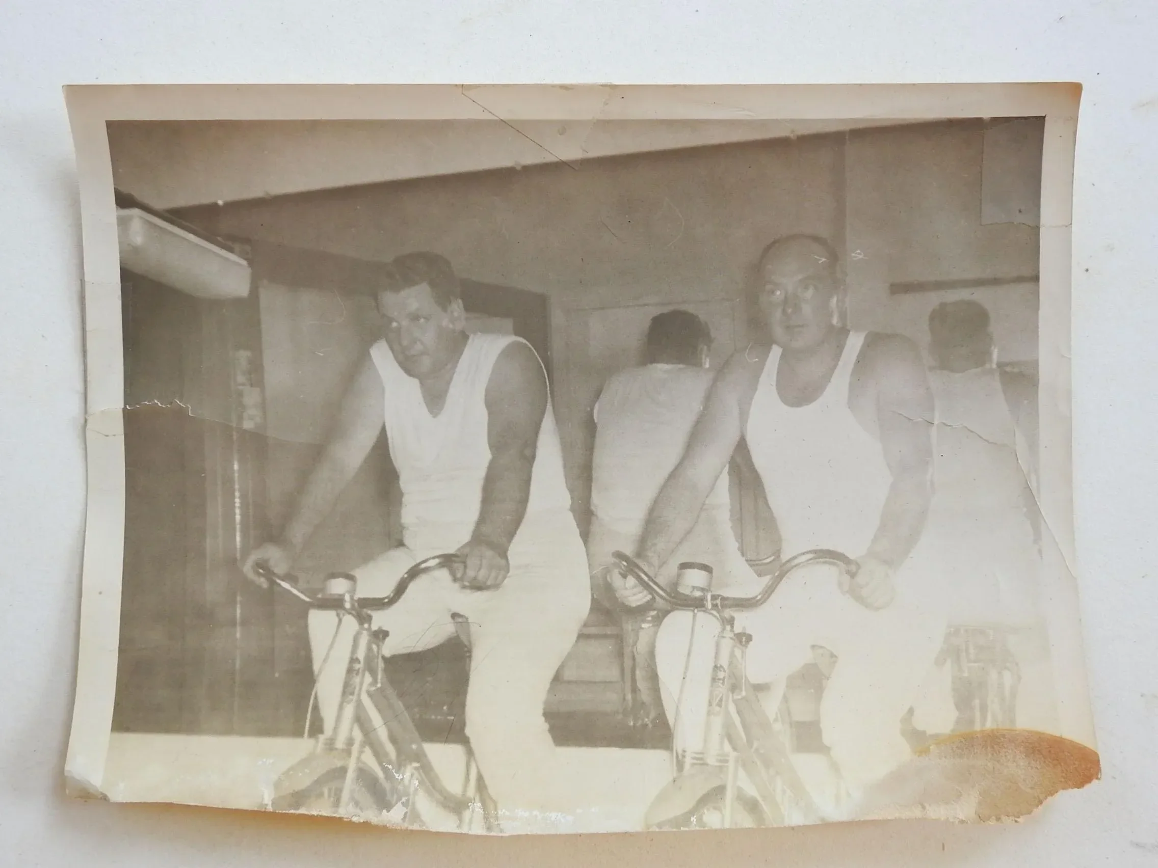 Vintage 1950\'s Photograph 2 Guys Spin Class Gym Work Out Bicycle