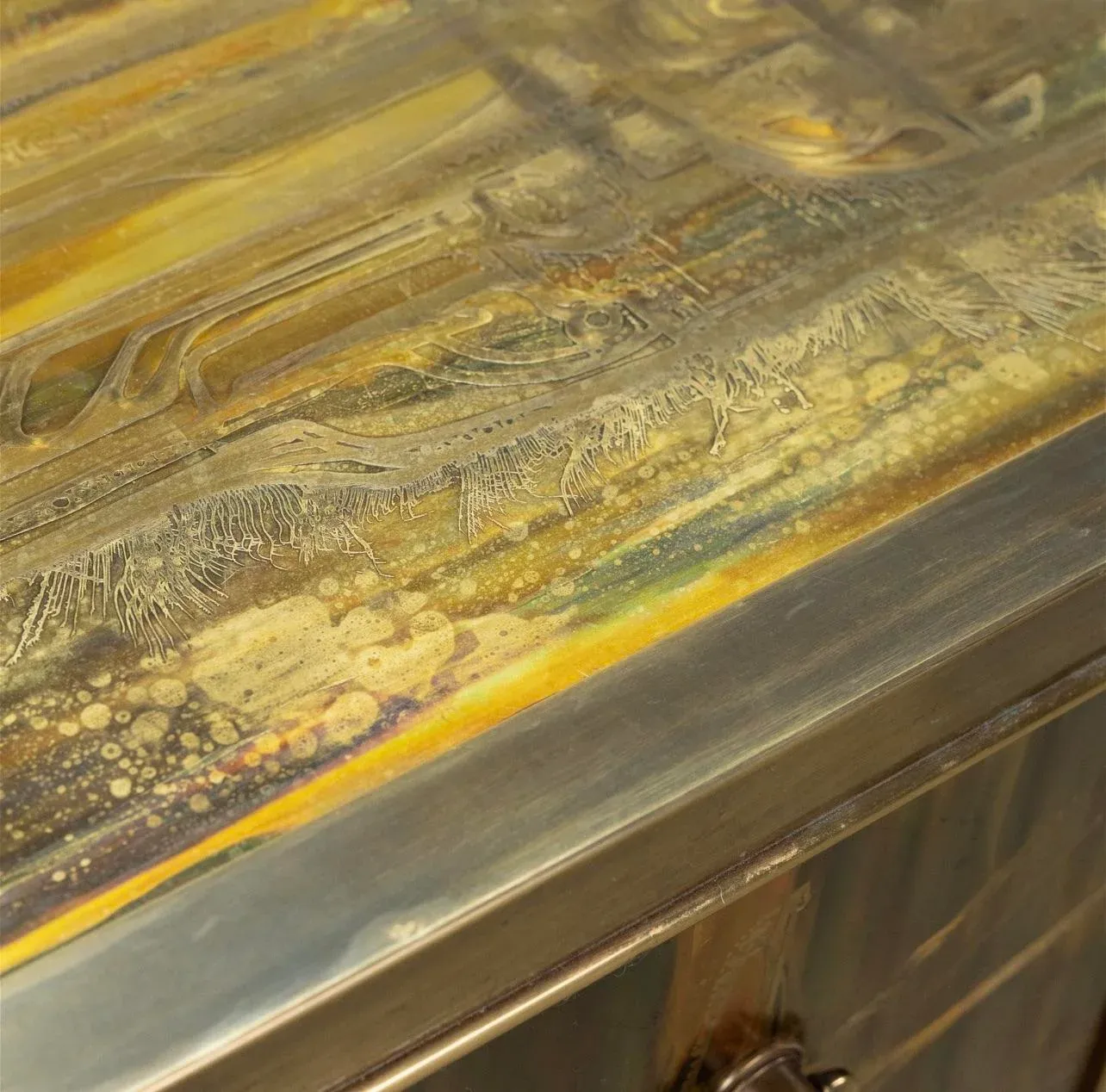 1970s Bernhard Rhône Acid Etched Brass Credenza for Mastercraft
