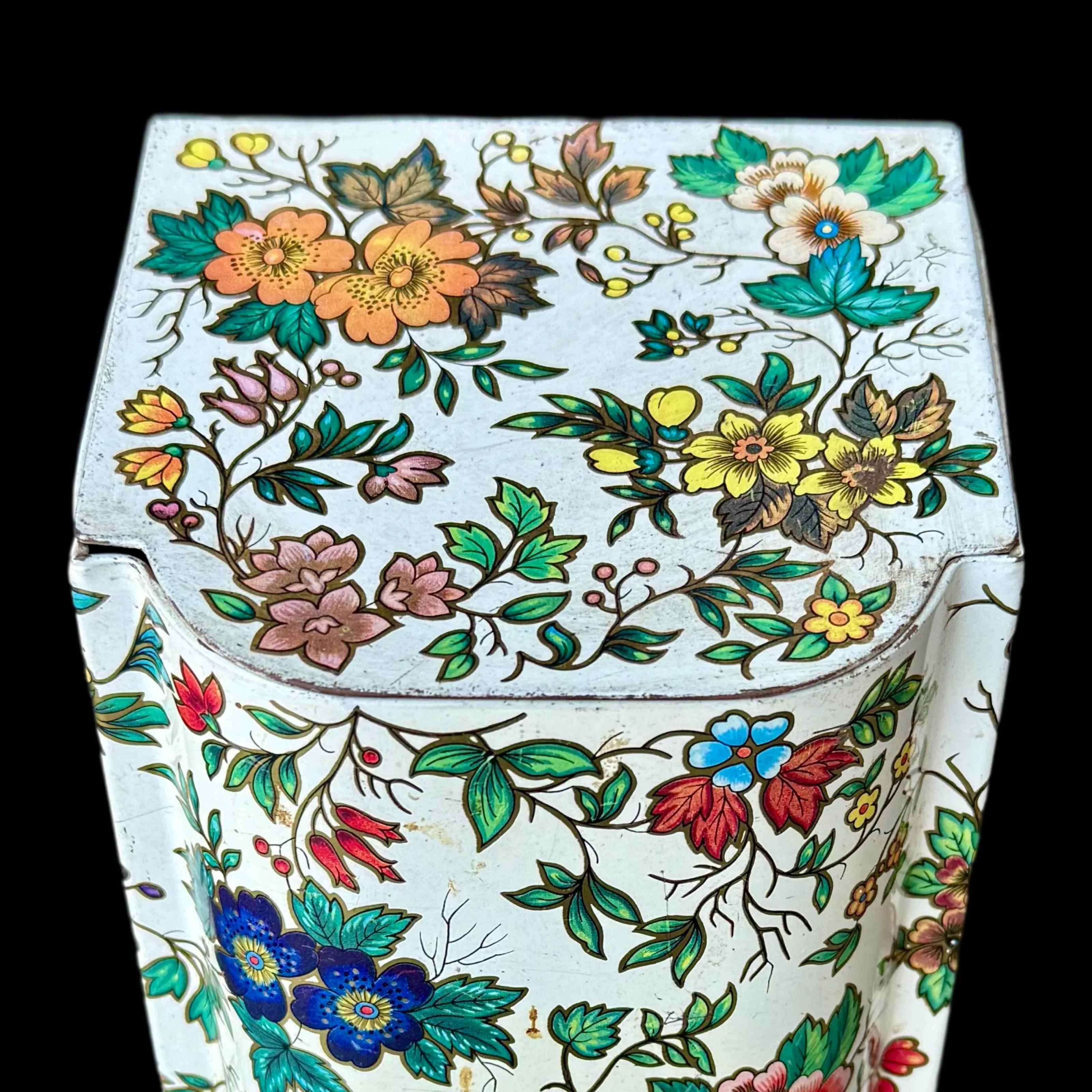 Vintage Daher Floral Tin, Hinged Lid, Blue & Orange Flower Design