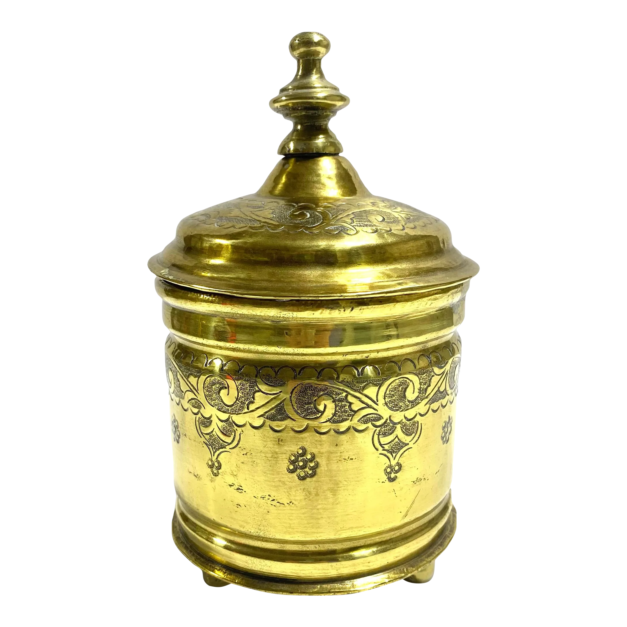 1960s Brass Lidded Jar – Etched Floral Brass Tobacco or Trinket Jar