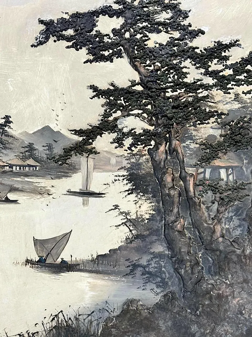 辰　oilpainting from Japan Rare Antique 19th. Century Edo Japanese Framed Lake and